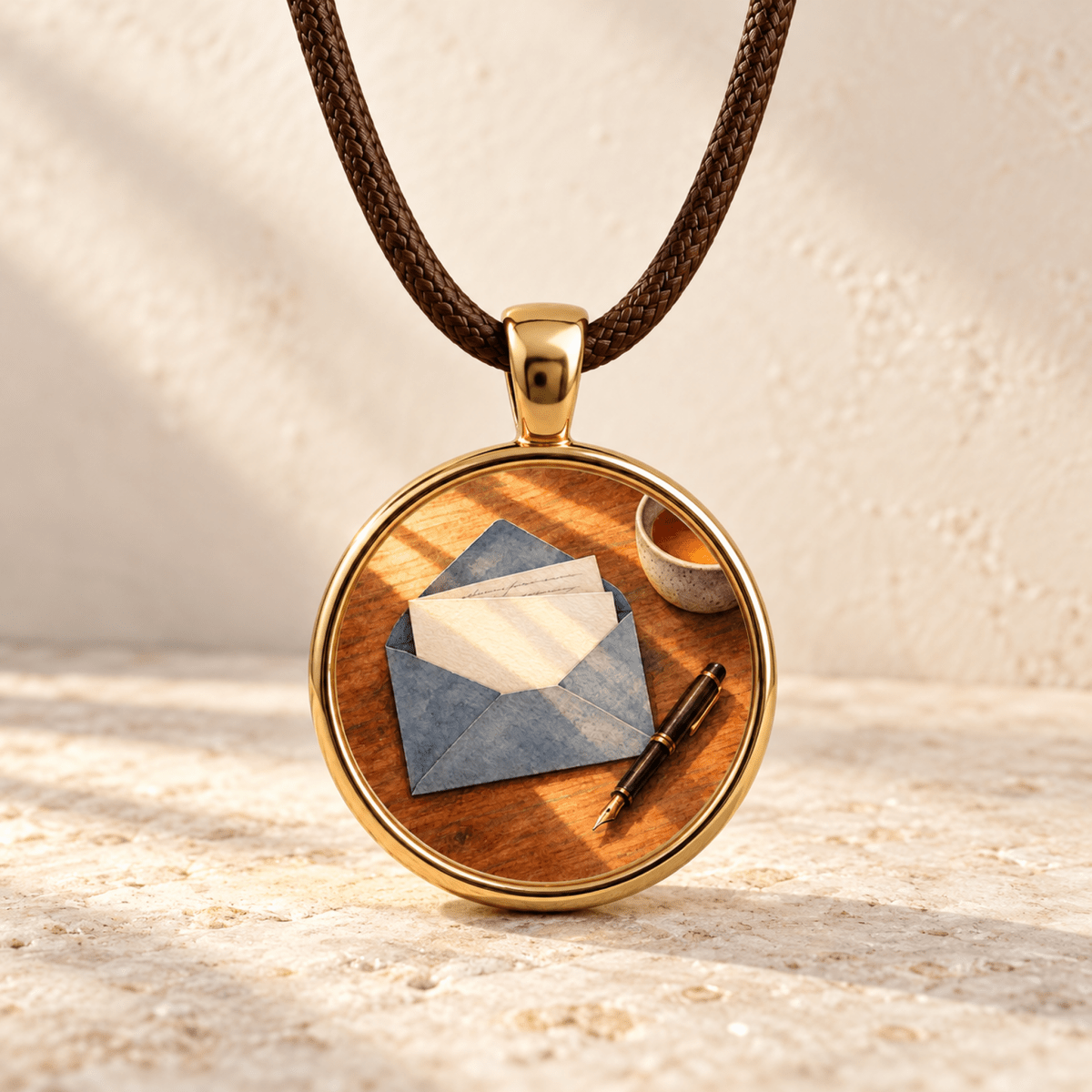 Note to a Dear Friend | Story Pendant Necklace featuring a round gold pendant on a brown braided cord with an illustration of an open envelope, a note, and a fountain pen on a wooden surface.