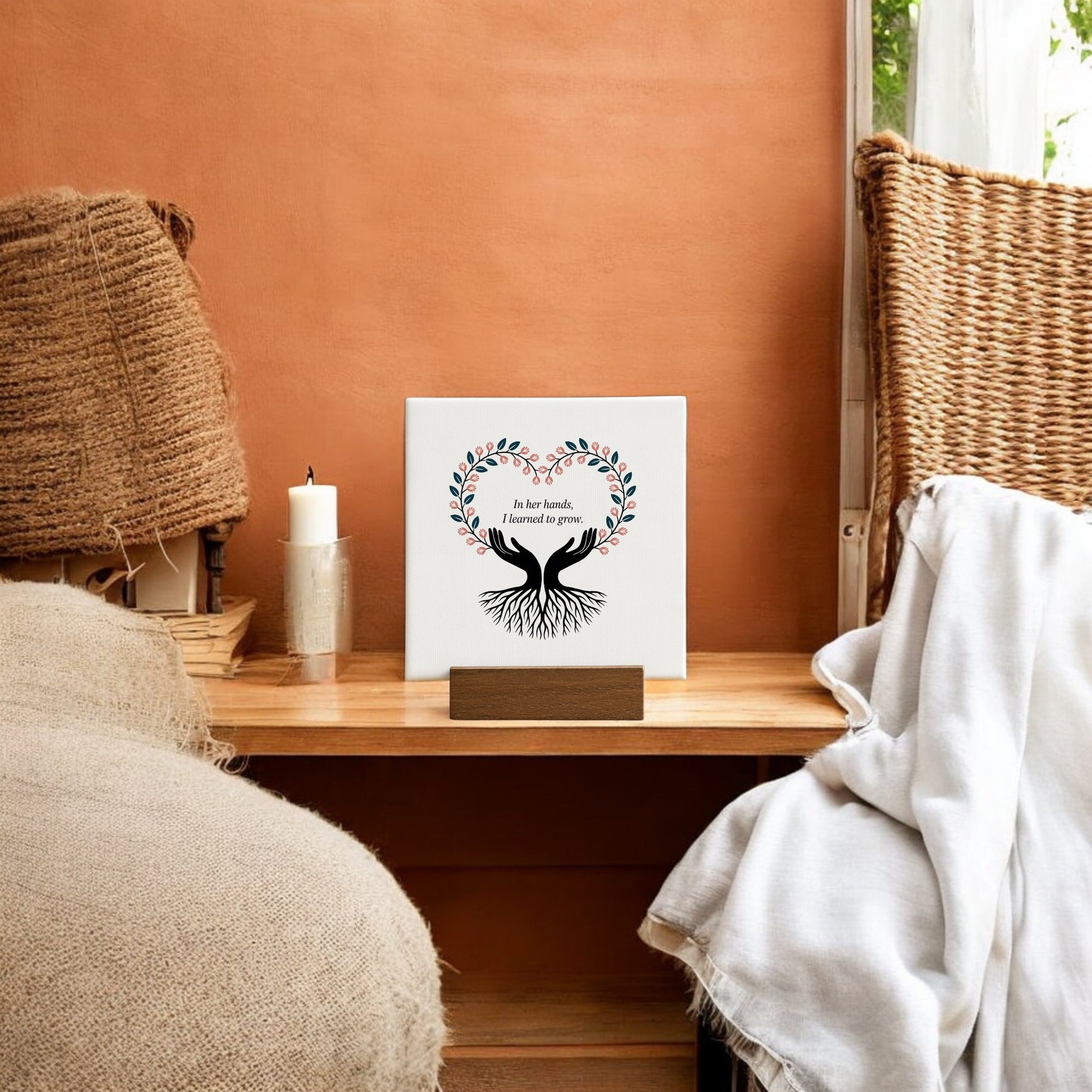The Mirabilia Boutique’s "In Her Hands Mini Sign"—a thoughtful Mother’s Day gift with a tree design and heartfelt message—rests on a wooden bench between woven chairs and cozy blankets, brightening a sunlit room with terracotta walls.