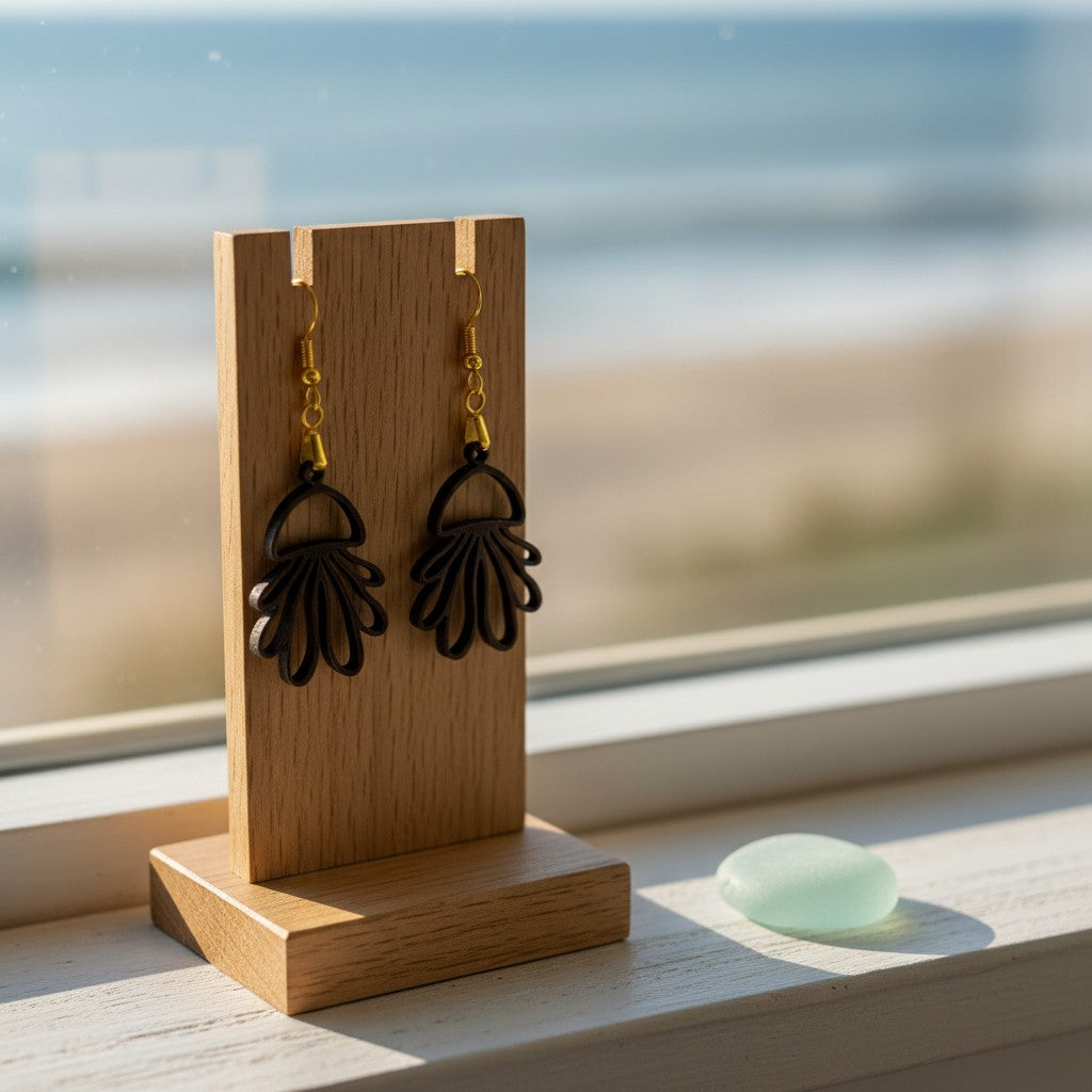 Mirabilia Boutique's Jellyfish Earrings, crafted from lasercut walnut wood, are displayed on a wooden stand by a window with a dreamy ocean view and smooth sea glass nearby.
