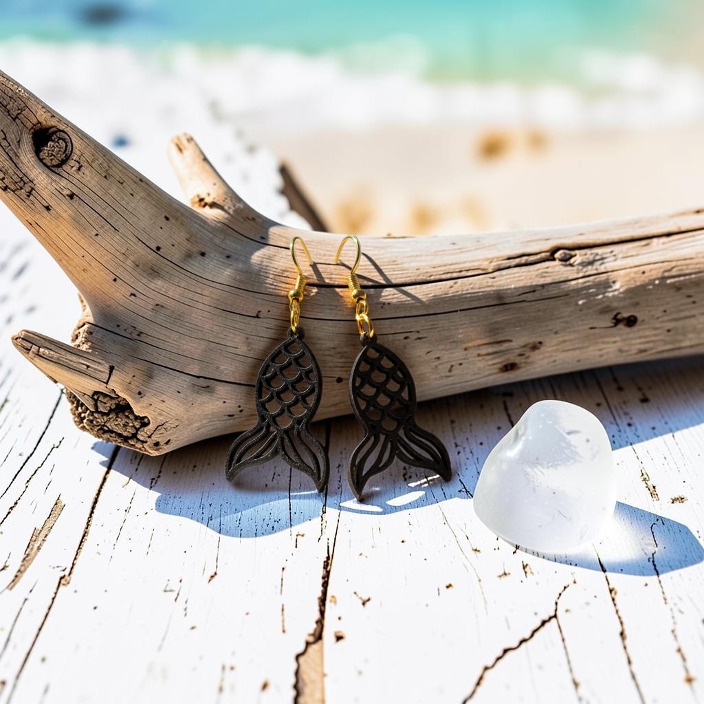 Mermaid Tail Earrings by Mirabilia Boutique, crafted from lasercut walnut wood, hang from driftwood on a sunlit white surface—translucent stone details and a blurred beach backdrop create ideal coastal style.