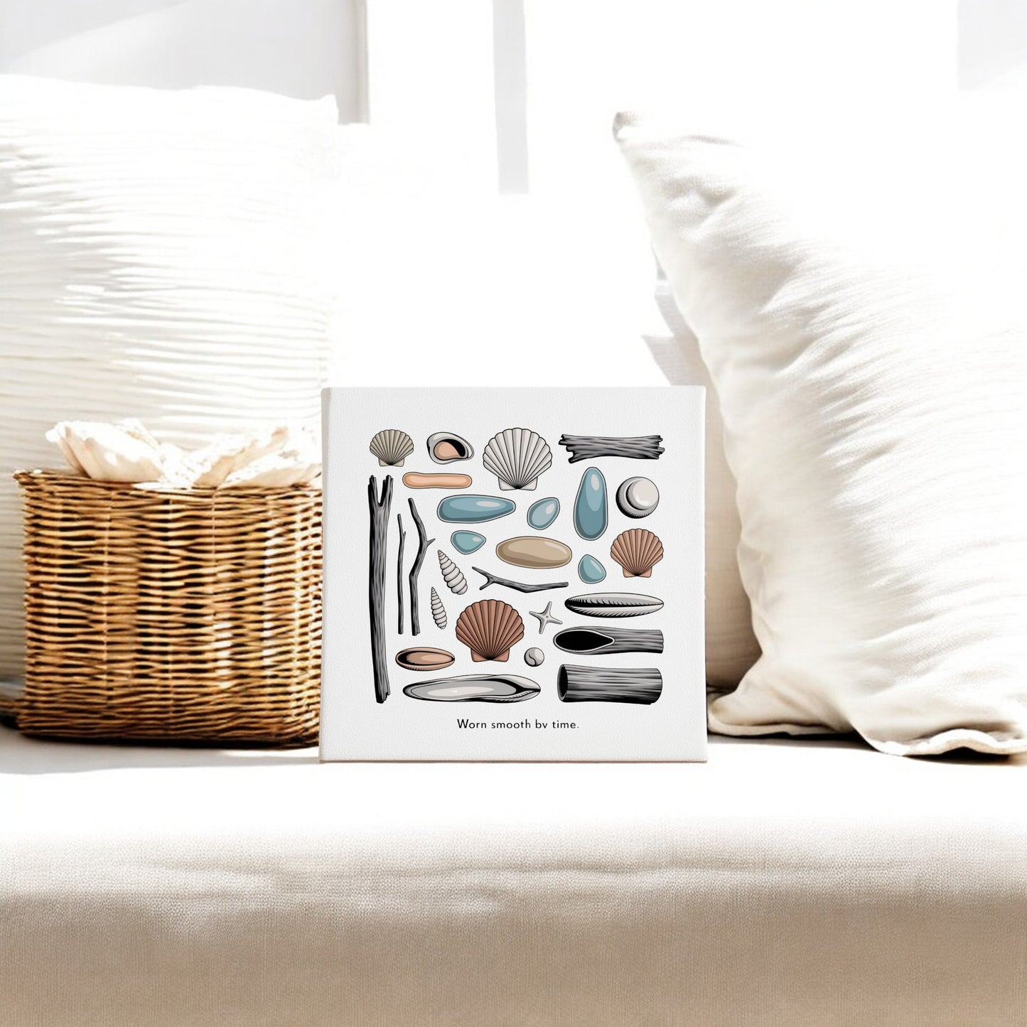 The "Worn Smooth by Time Canvas – Coastal Shell & Driftwood Art" from Mirabilia Boutique brings serene coastal charm to your home, ideal for anyone who loves beach-inspired wall decor.