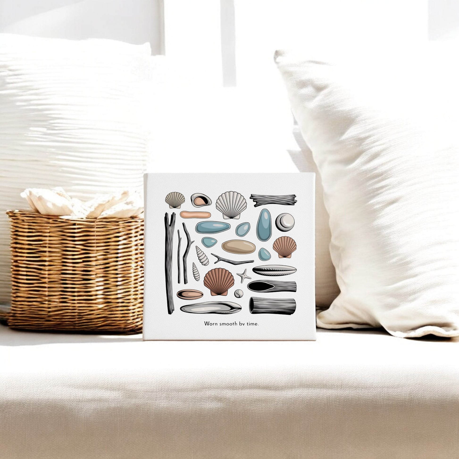 The "Worn Smooth by Time Canvas – Coastal Shell & Driftwood Art" from Mirabilia Boutique brings serene coastal charm to your home, ideal for anyone who loves beach-inspired wall decor.