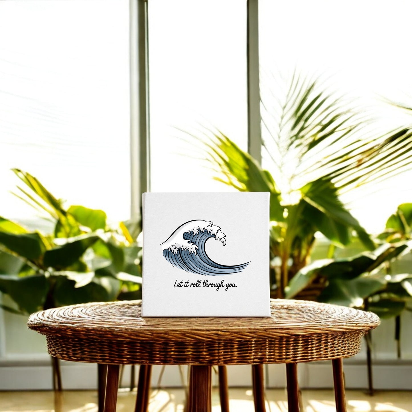 The Let It Roll Through You Canvas – Ocean-Inspired Calm by Mirabilia Boutique, featuring a blue ocean wave and inspiring quote, is perfect wall art to uplift any space with tranquility.
