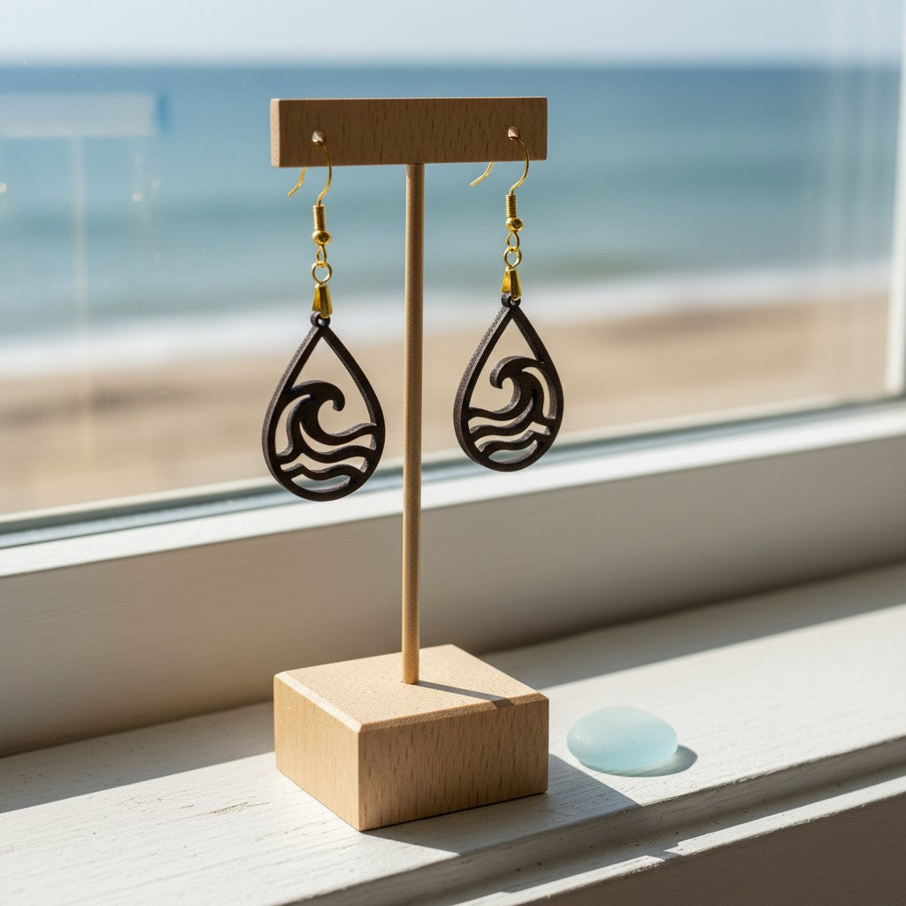 Wave Teardrop Earrings by Mirabilia Boutique, crafted from lasercut walnut wood, hang on a wooden stand near a window with the beach and ocean beyond, accompanied by a piece of sea glass—perfect ocean-inspired jewelry.
