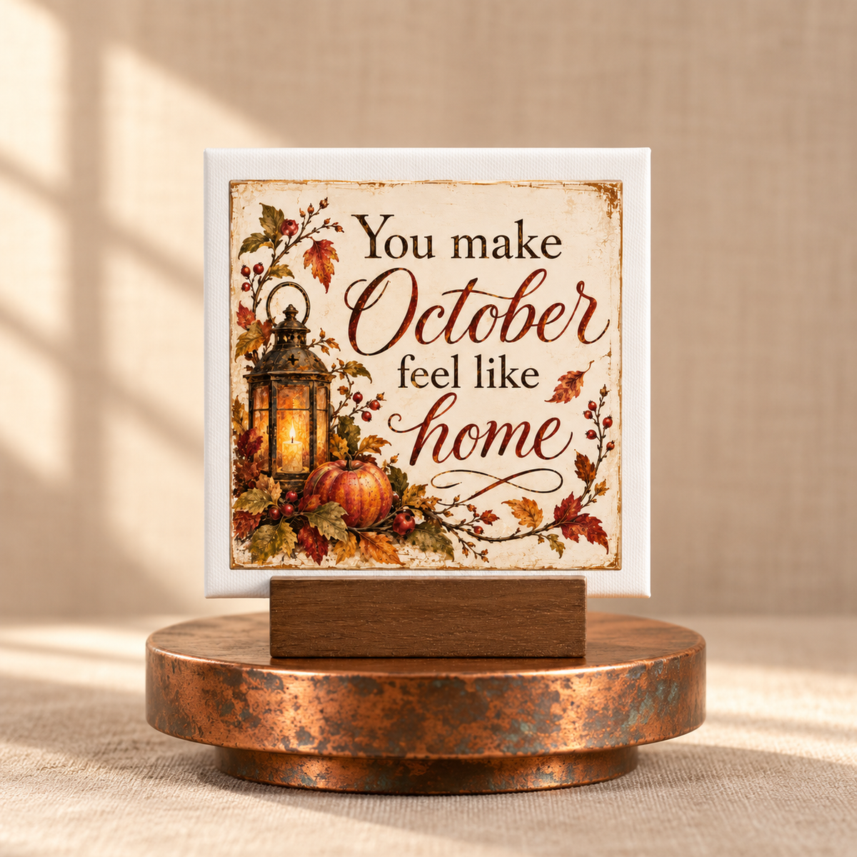 The You Make October Feel Like Home Mini Canvas Sign by Mirabilia Boutique features a cozy quote plus autumn leaves, a pumpkin, and a lantern on a decorative stand—perfect for fall home decor.