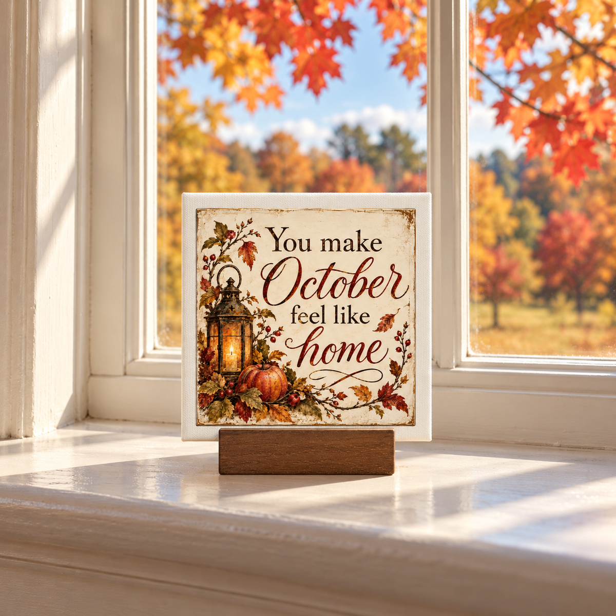 A You Make October Feel Like Home Mini Canvas Sign by Mirabilia Boutique sits on the windowsill, featuring autumn leaves and pumpkins. Colorful fall foliage is visible outside.