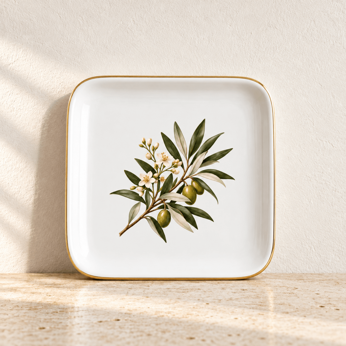Olive and Blossom Jewelry Tray by Mirabilia Boutique, a square ceramic tray with a gold rim featuring a painted illustration of an olive branch with green olives, white blossoms, and botanical leaves.