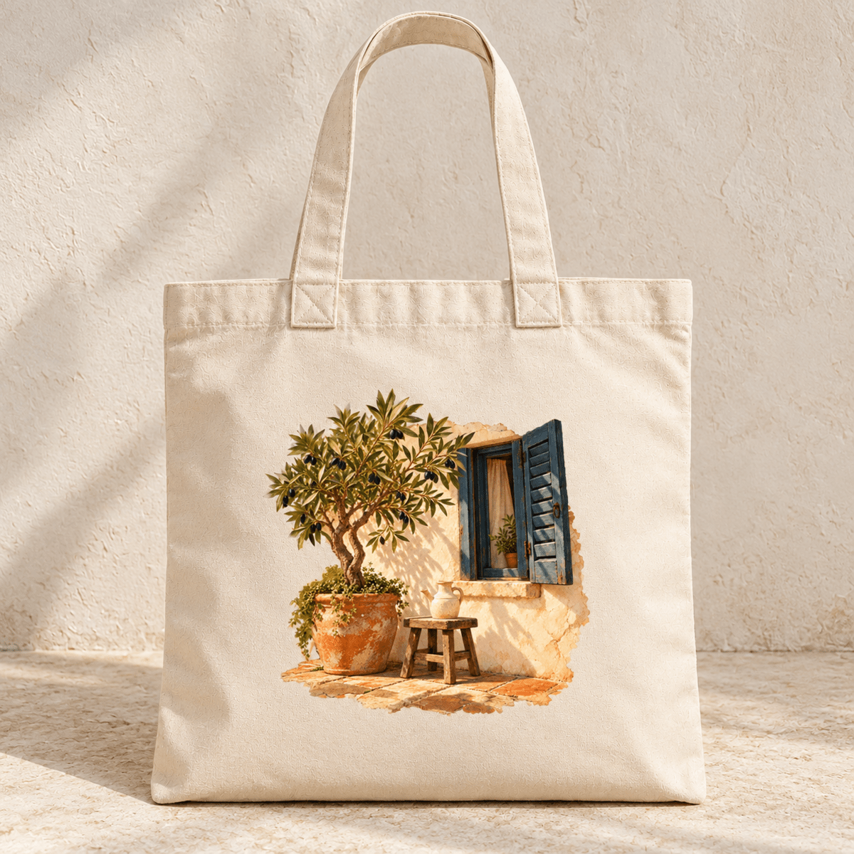 Olive and Light Tote Bag in natural canvas, featuring an illustration of an olive tree in a terracotta pot next to a window with blue shutters.
