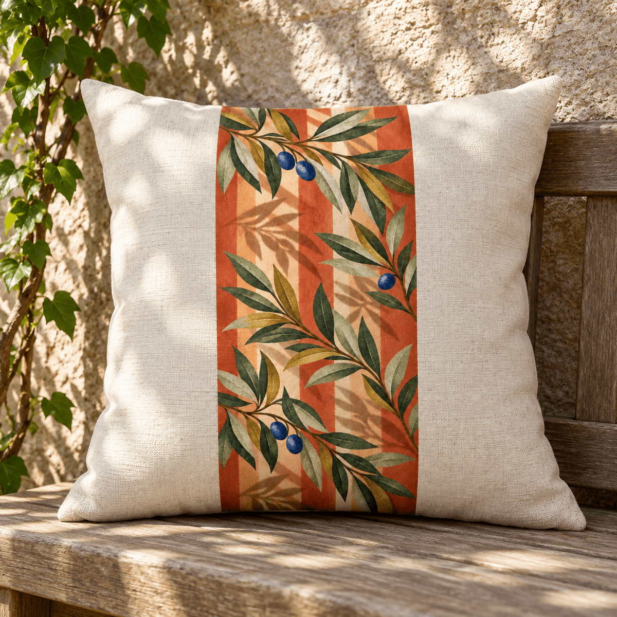 Square natural canvas Courtyard Shadow Pillow with a central vertical stripe featuring an olive branch pattern on a reddish-orange background, resting on a wooden bench.