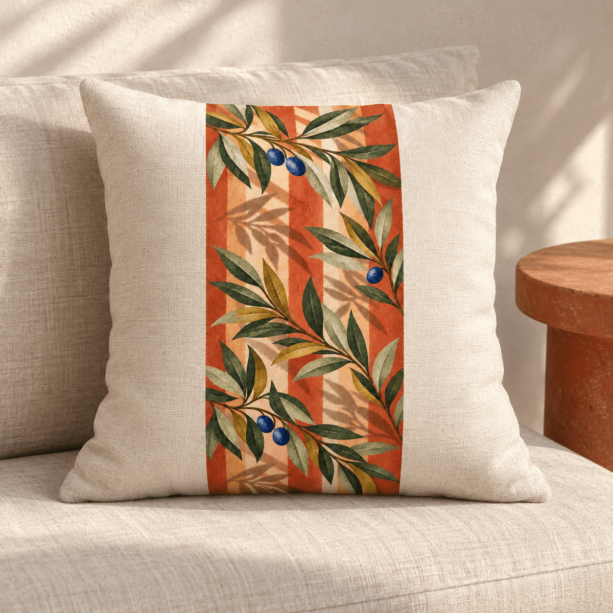 Courtyard Shadow Pillow, a square 16-inch throw pillow with a central vertical panel featuring an olive branch print over orange and cream stripes.