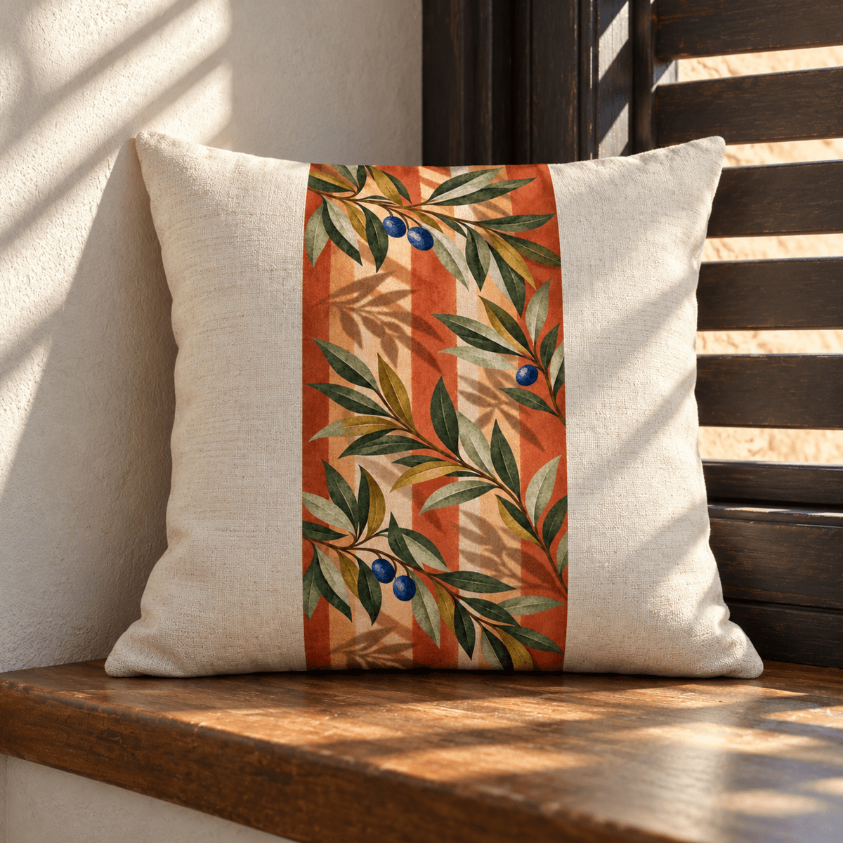 Courtyard Shadow Pillow, a 16-inch square throw pillow featuring a central vertical panel of olive branches and berries over orange and white stripes.