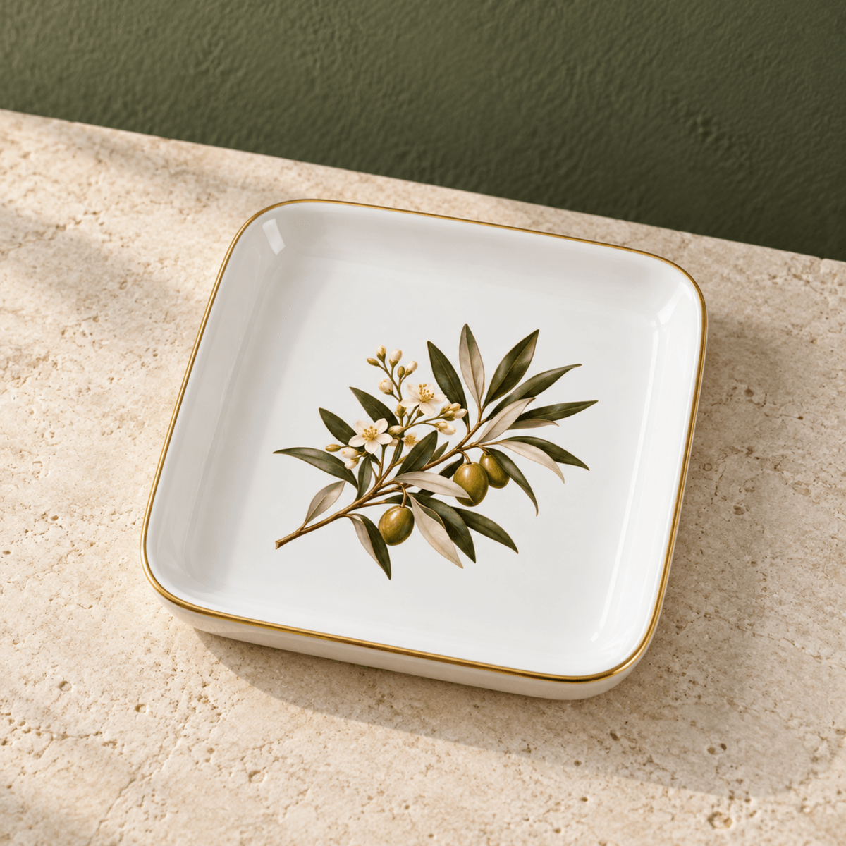 Olive and Blossom Jewelry Tray by Mirabilia Boutique, a square ceramic tray with a gold rim featuring a painted illustration of an olive branch with green olives, white blossoms, and botanical leaves.