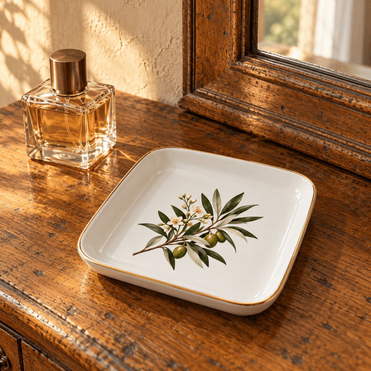 Square Olive and Blossom Jewelry Tray by Mirabilia Boutique with a gold rim and botanical olive leaves, resting on a wooden vanity next to a perfume bottle.
