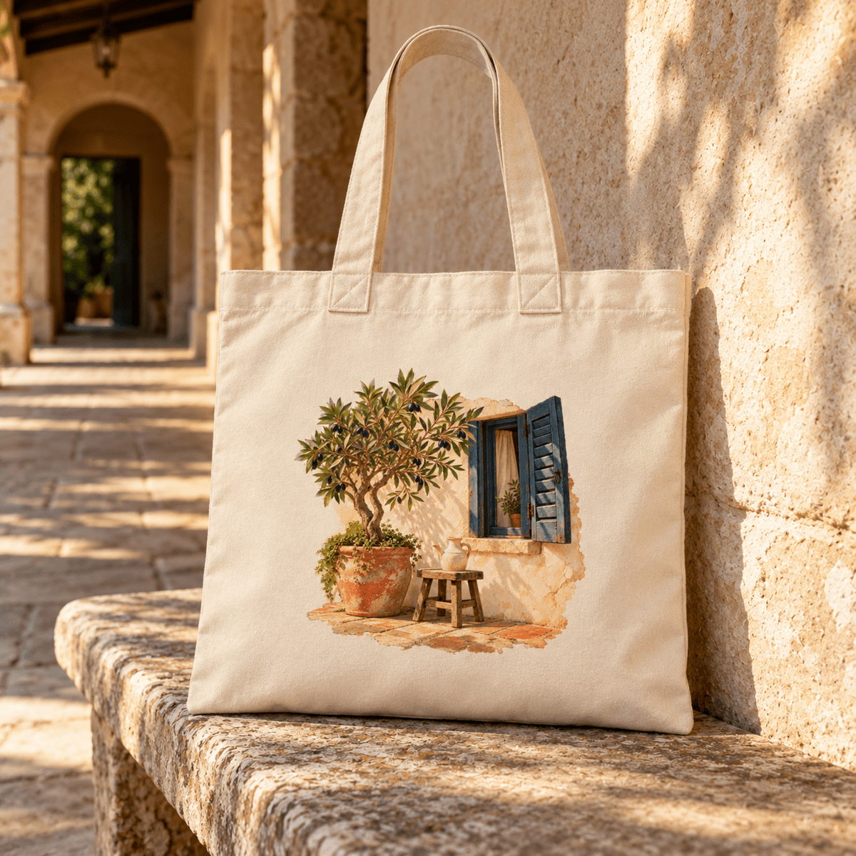 Mirabilia Boutique’s Olive and Light Tote Bag in off-white natural canvas featuring an olive tree illustration in a terracotta pot next to a window with blue shutters.