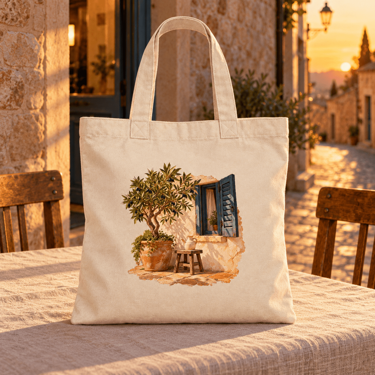 The Olive and Light Tote Bag, a natural canvas tote featuring an illustration of a potted olive tree beside an open window with blue shutters, sitting on a table outdoors at sunset.