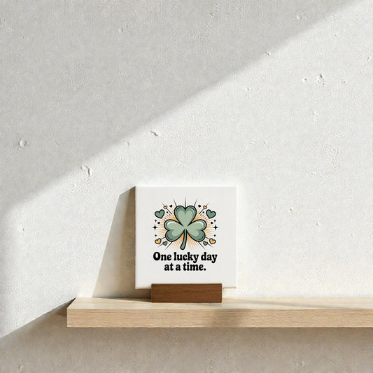 The One Lucky Day at a Time Mini Sign – 4x4 by Mirabilia Boutique features a green four-leaf clover and sits on a wooden stand, making a charming gift for good fortune and encouragement.