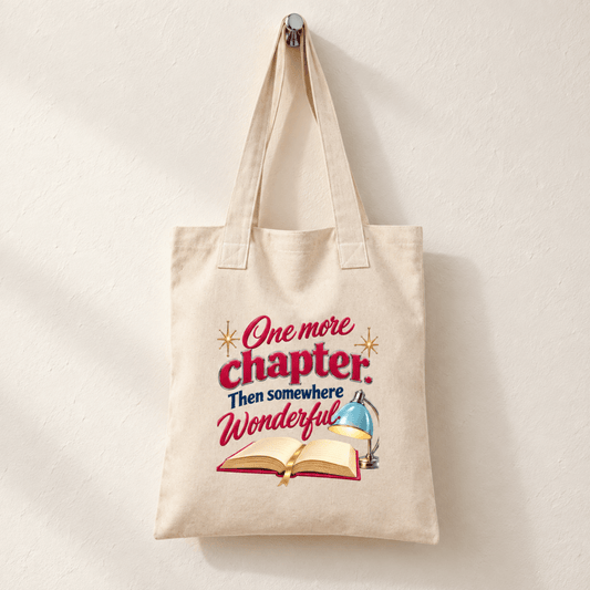 One More Chapter Book Lover Tote by Mirabilia Boutique hanging on a wall hook, featuring a print of an open book, a desk lamp, and the text “One more chapter. Then somewhere wonderful.”.