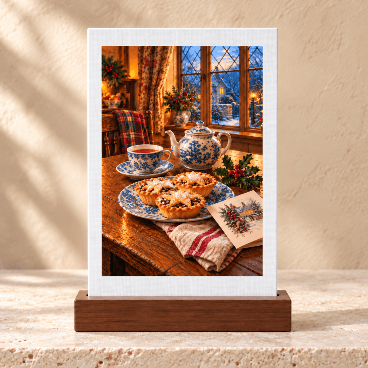 One More Mince Pie Mini Sign featuring an illustration of mince pies, a teapot, and a teacup on a table in front of a window, displayed on a small rectangular mini canvas with a wooden base.