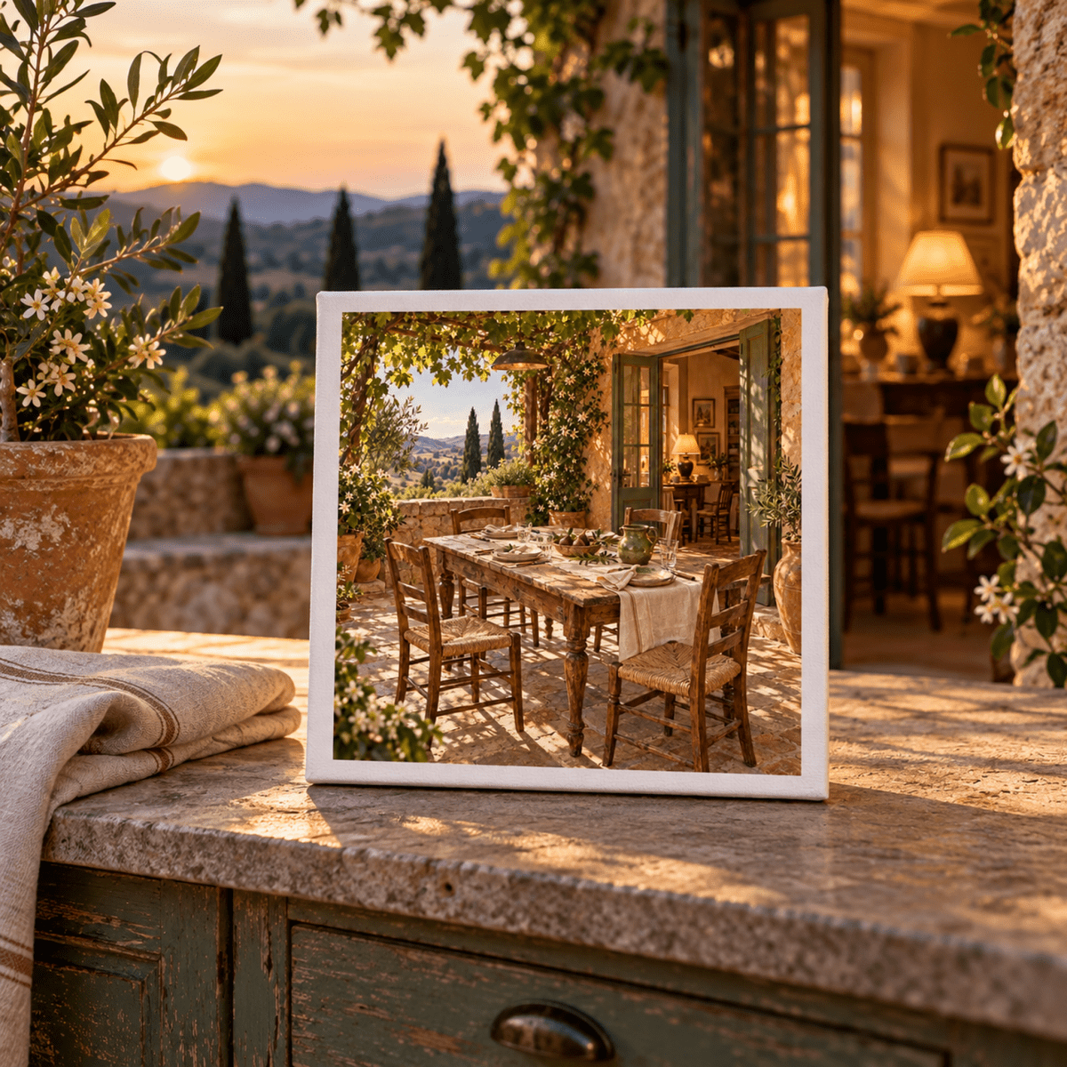 One More Place Tuscan Canvas Art | Ochre & Cypress, showing a rustic table decor set for a meal on a stone patio overlooking a Tuscan country house landscape.