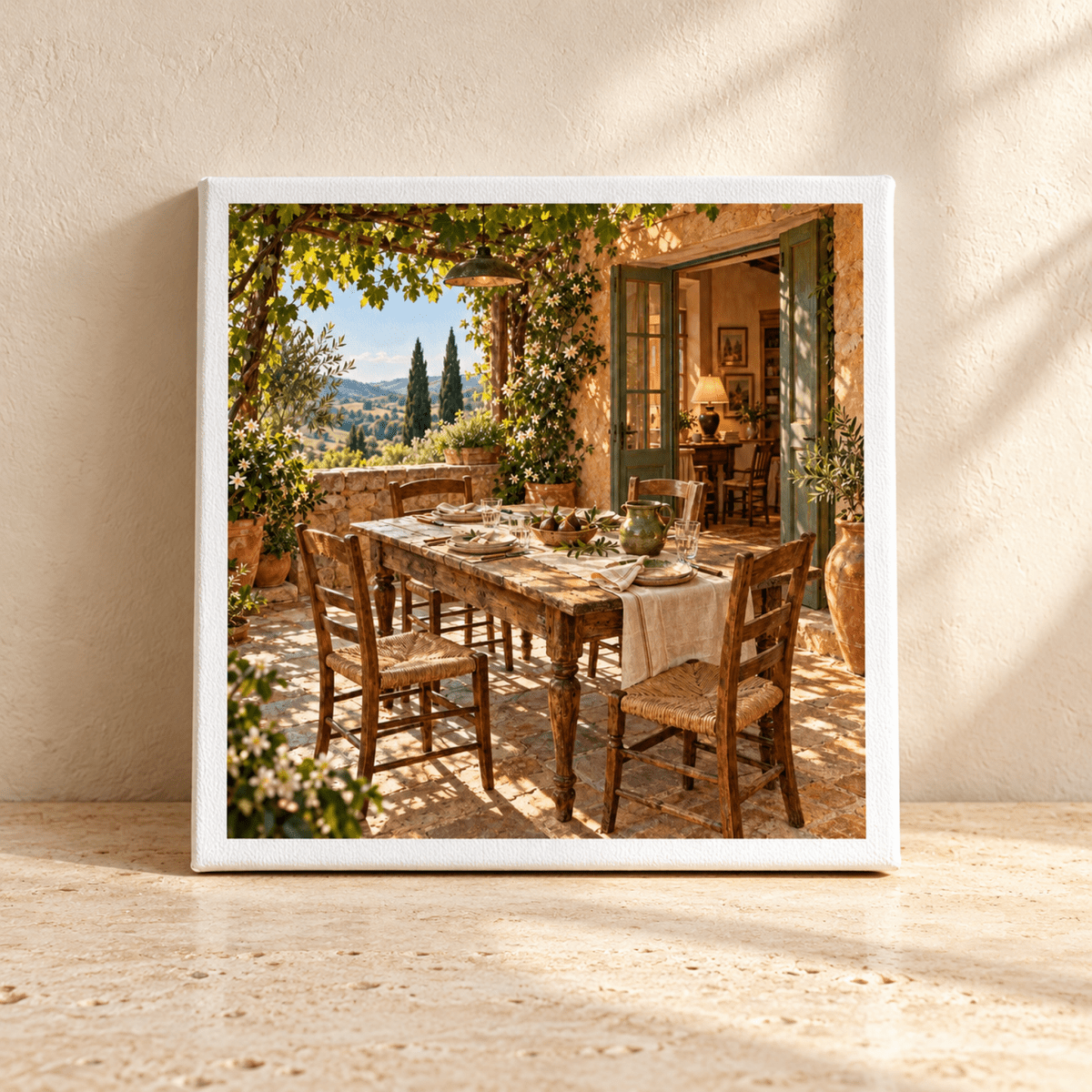 One More Place Tuscan Canvas Art | Ochre & Cypress, featuring a rustic outdoor dining set on a sunny stone terrace overlooking a sprawling Tuscan landscape.