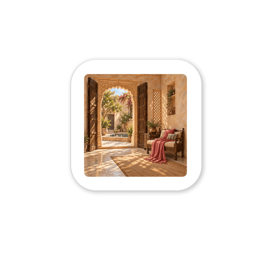 The Door Left Open Magnet | Sand & Saffron decorative hardboard magnet featuring a sunlit Mediterranean courtyard view through an open arched doorway, with a cushioned bench and a throw blanket in the foreground.
