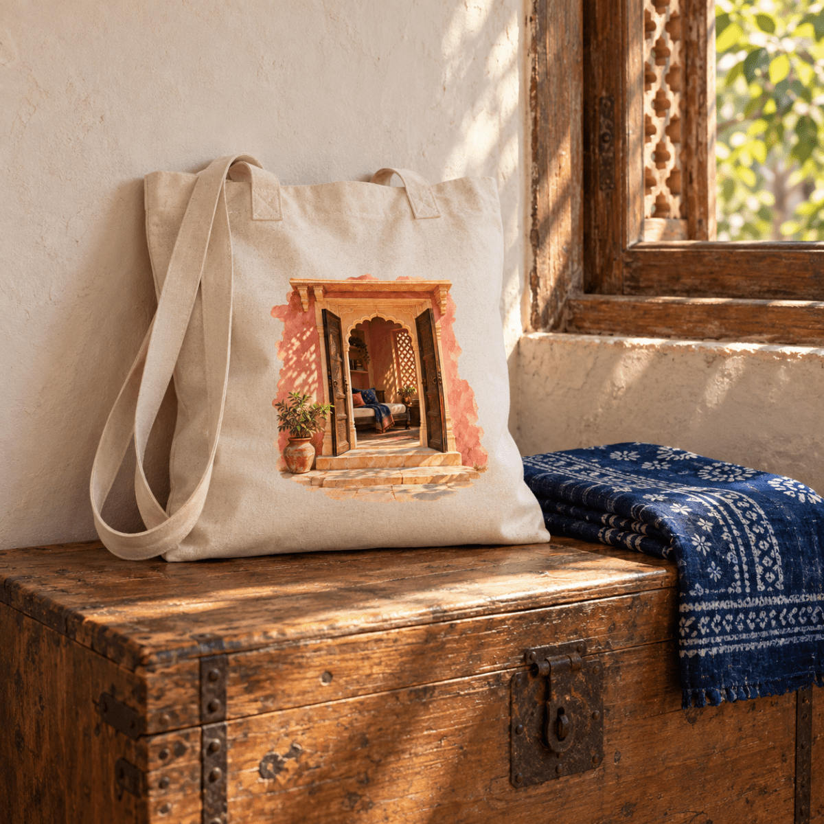 A Place to Return Tote Bag | Sand & Saffron, featuring a watercolor doorway illustration, rests on a wooden trunk next to a folded blue patterned cloth.