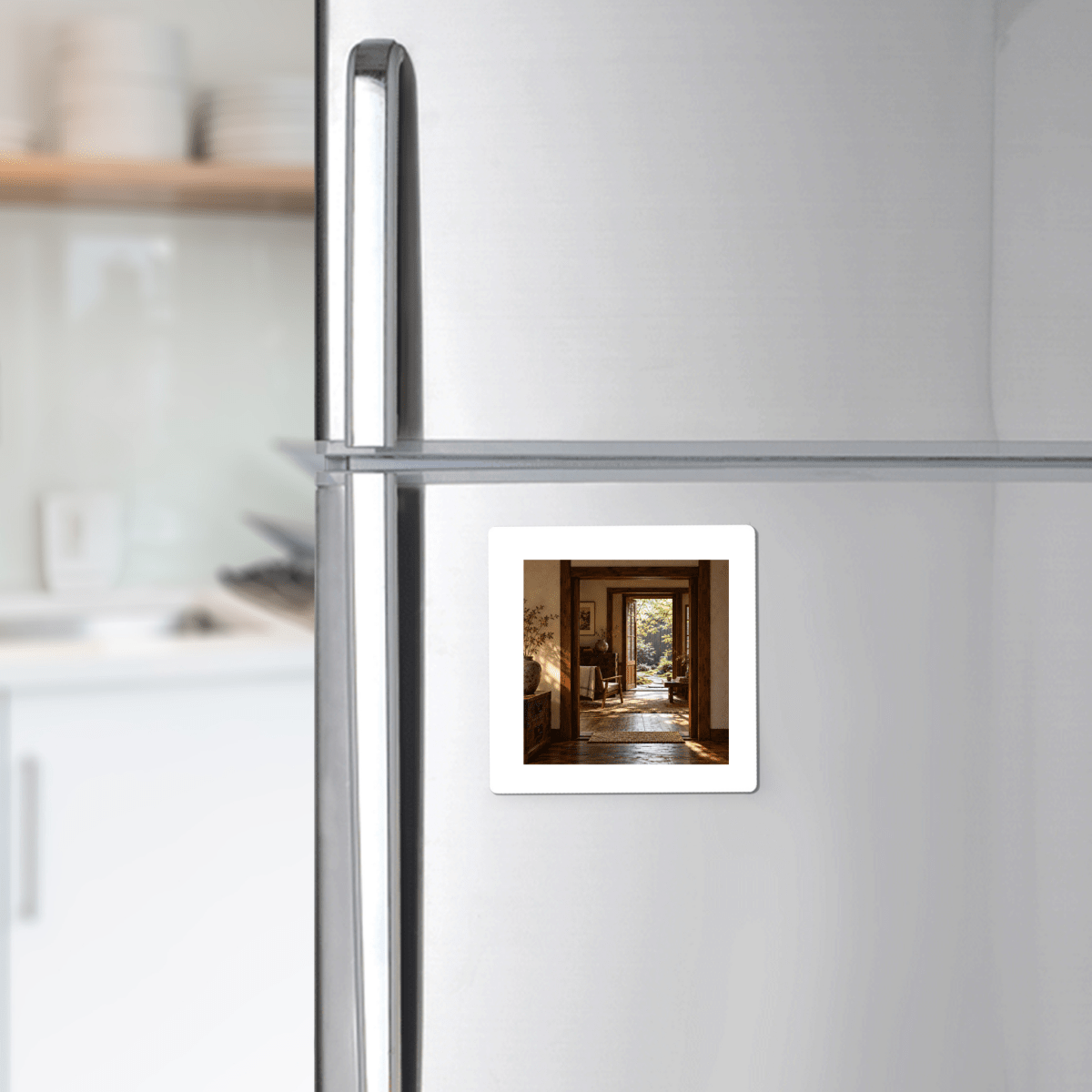 A square Between Rooms Decorative Magnet by Mirabilia Boutique on a stainless steel refrigerator door, featuring a sunlit view through doorways toward a garden.