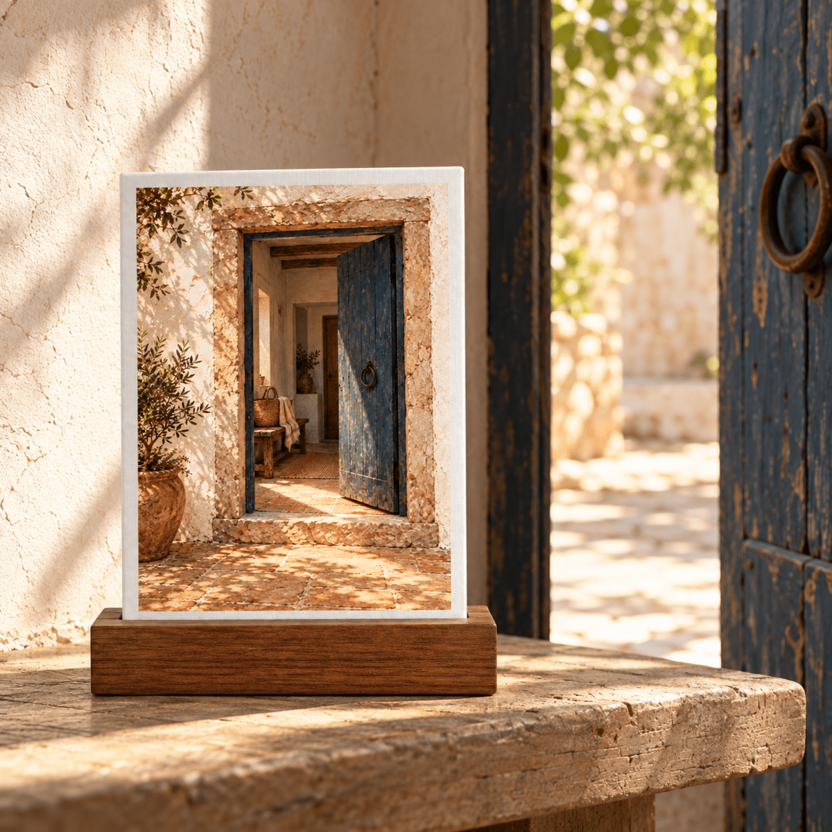 The Door Is Open Mini Sign, featuring a mini canvas in an oak base showing a sunlit view through a stone doorway into a Mediterranean-style home.