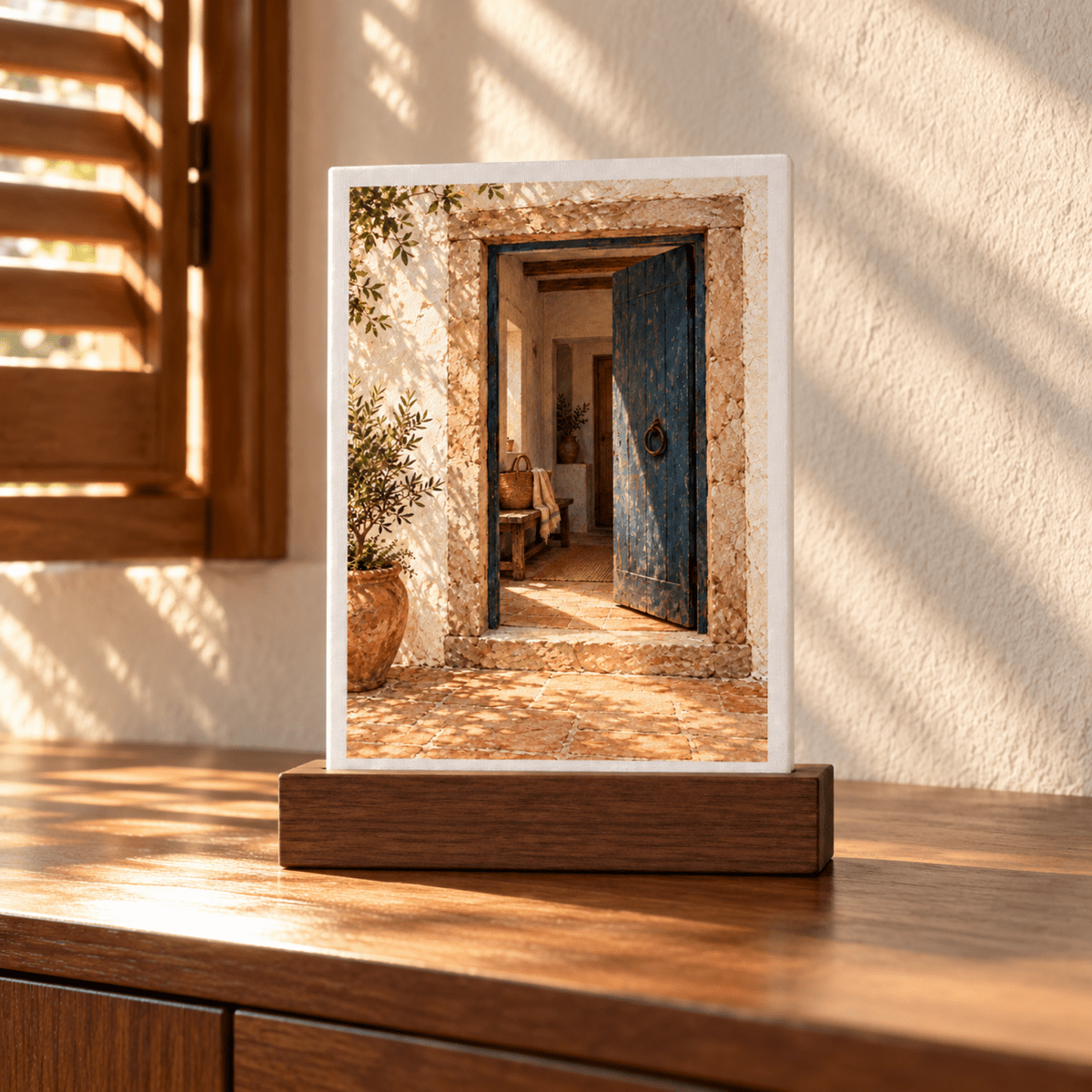 The Door Is Open Mini Sign, a mini canvas sign on an oak base displaying an image of an open blue door in a stone entryway.
