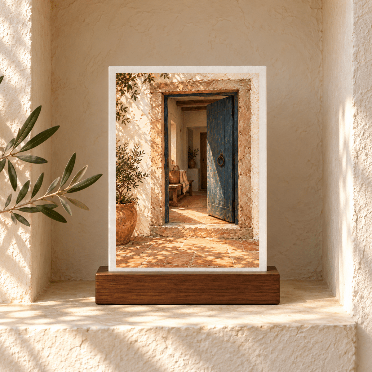 The Door Is Open Mini Sign, a mini canvas sign on a dark oak base depicting an open blue door leading into a sunlit Mediterranean-style home.