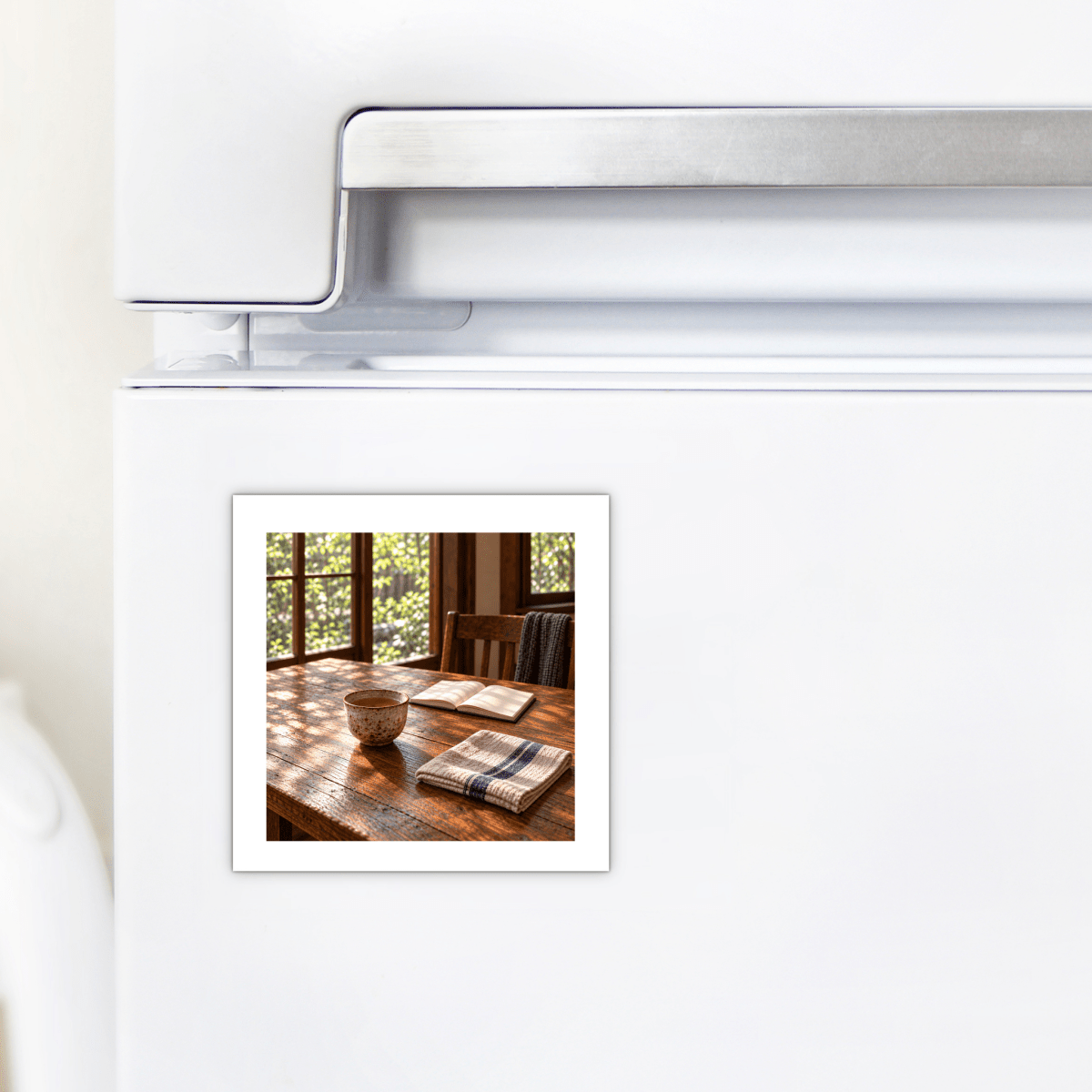 The Morning Table Decorative Magnet by Mirabilia Boutique, a square magnet on a white refrigerator showing a miniature table art scene with an open book, a mug, and a folded cloth.