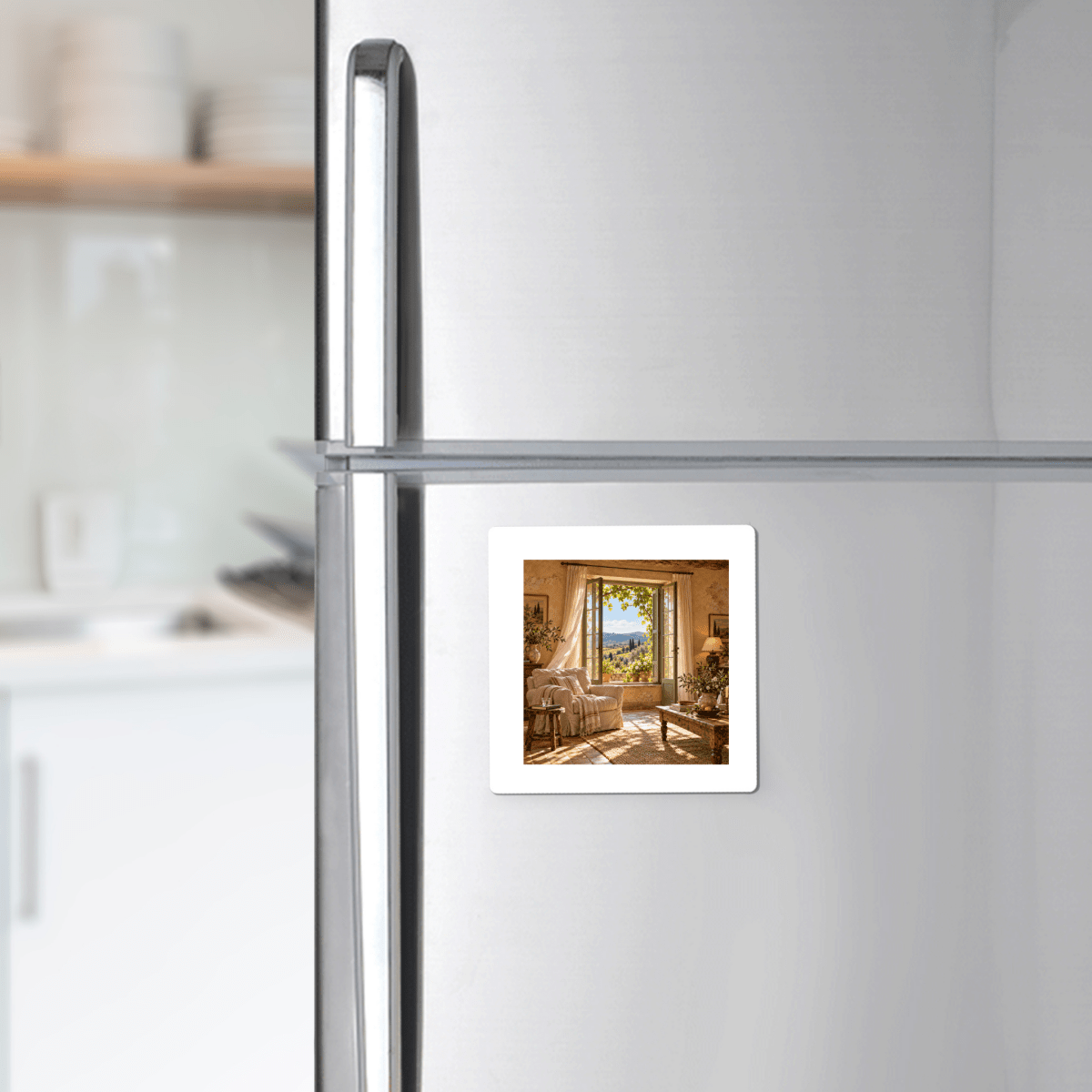 The Windows Are Open Art Magnet | Ochre & Cypress, a square decorative refrigerator magnet featuring a sunlit sitting room with an open door looking out onto a landscape.