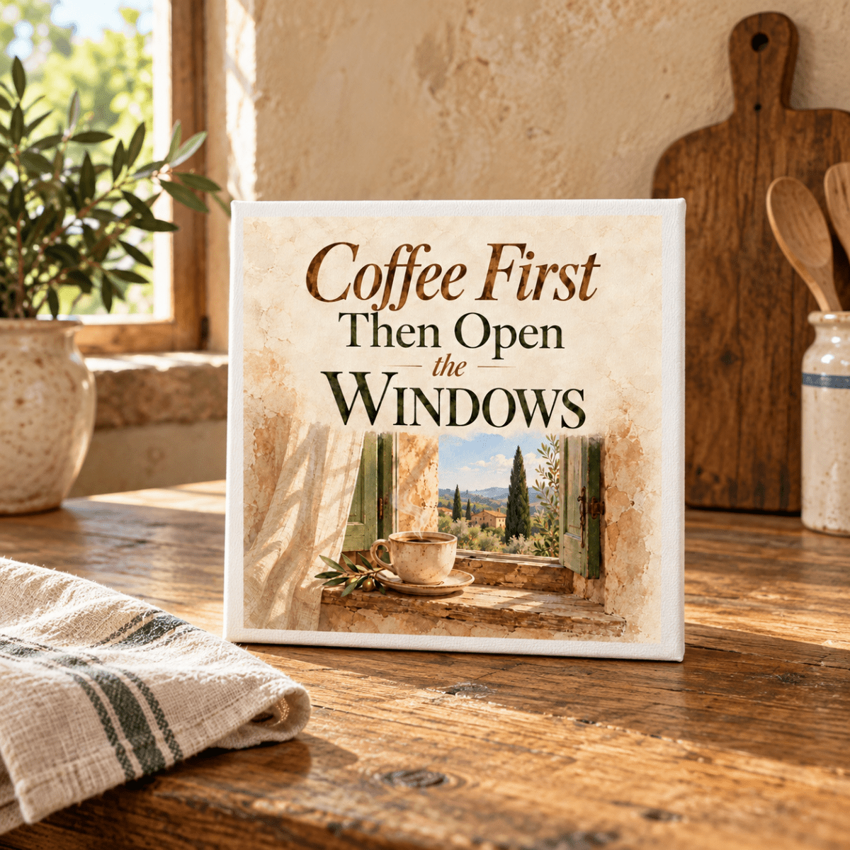Coffee First Coffee Bar Sign featuring a square sign that reads “Coffee First Then Open the WINDOWS” above an illustration of a steaming cup of coffee on a windowsill overlooking a landscape.