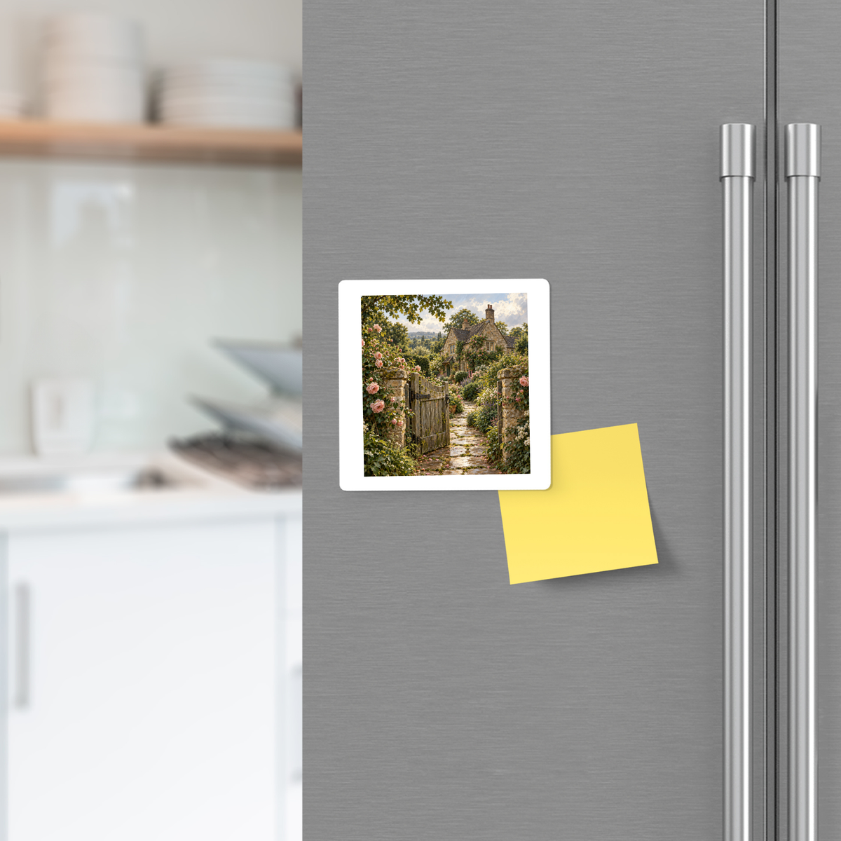 A square Beyond the Garden Gate Magnet depicting an English cottage with a garden gate, attached to a stainless steel refrigerator next to a yellow sticky note.