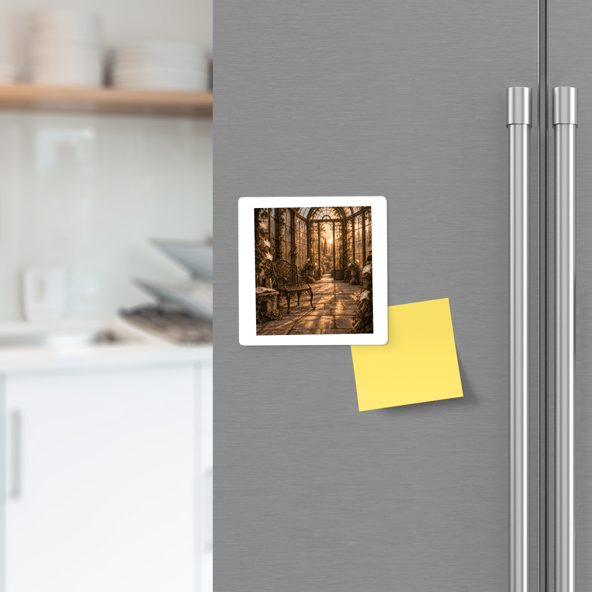 A photo of a forest path and a yellow sticky note are attached to a stainless steel refrigerator door in a modern kitchen, held in place by the Last Light in the Conservatory Magnet from Mirabilia Boutique—a perfect touch for lovers of garden art.