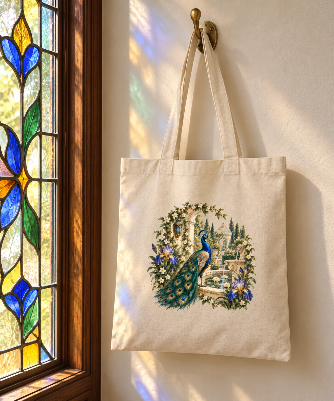 An Afternoon in the Peacock Garden Tote from Mirabilia Boutique’s Gilded Reverie collection, featuring a jeweled peacock and vibrant garden motifs on a beige background, hangs on a wall hook beside a stained glass window adorned with blue, yellow, and green patterns.