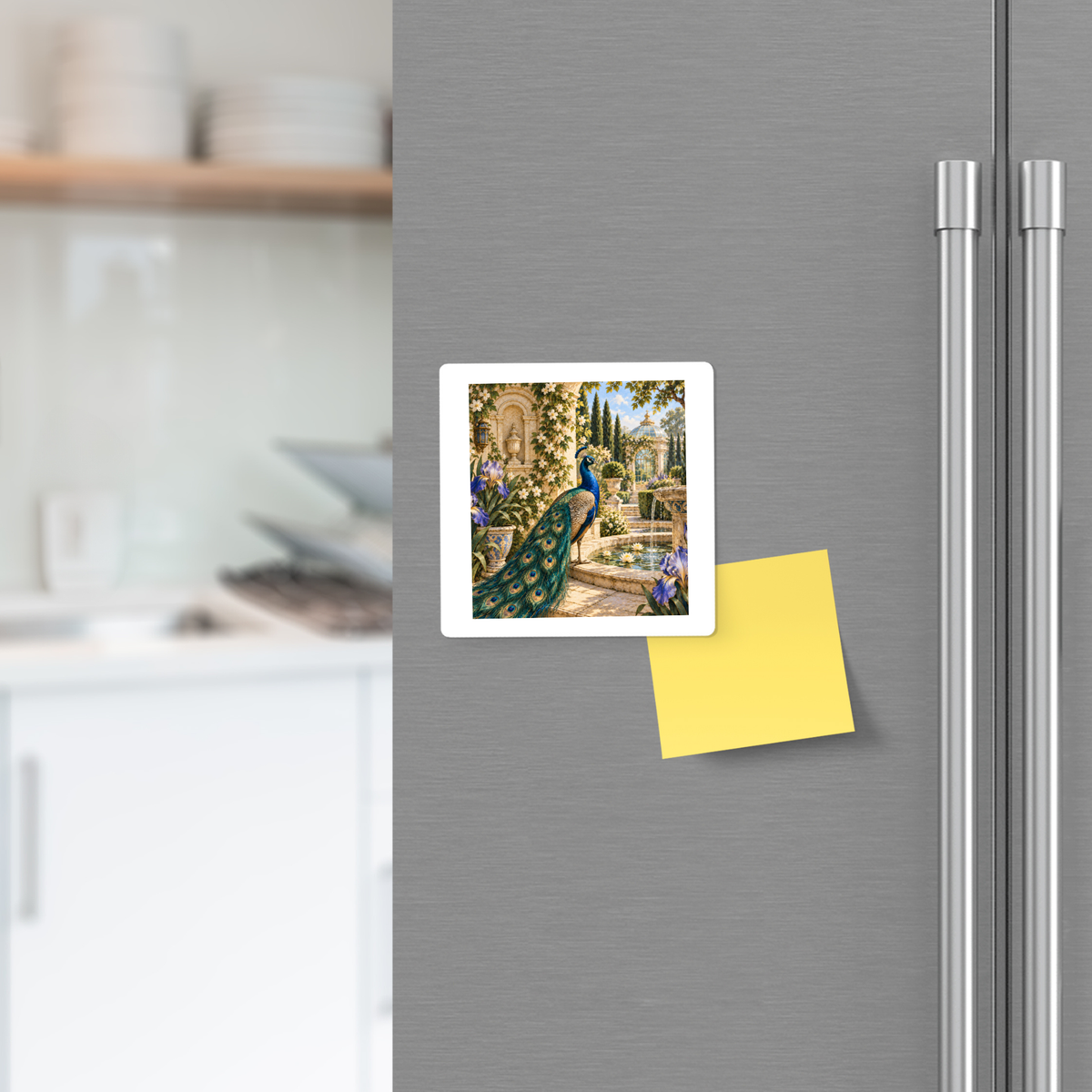 A refrigerator door adorned with the “Afternoon in the Peacock Garden Magnet | Gilded Reverie” from Mirabilia Boutique, featuring a photo of a peacock in a garden and holding up a blank yellow sticky note, with the kitchen visible in the background.