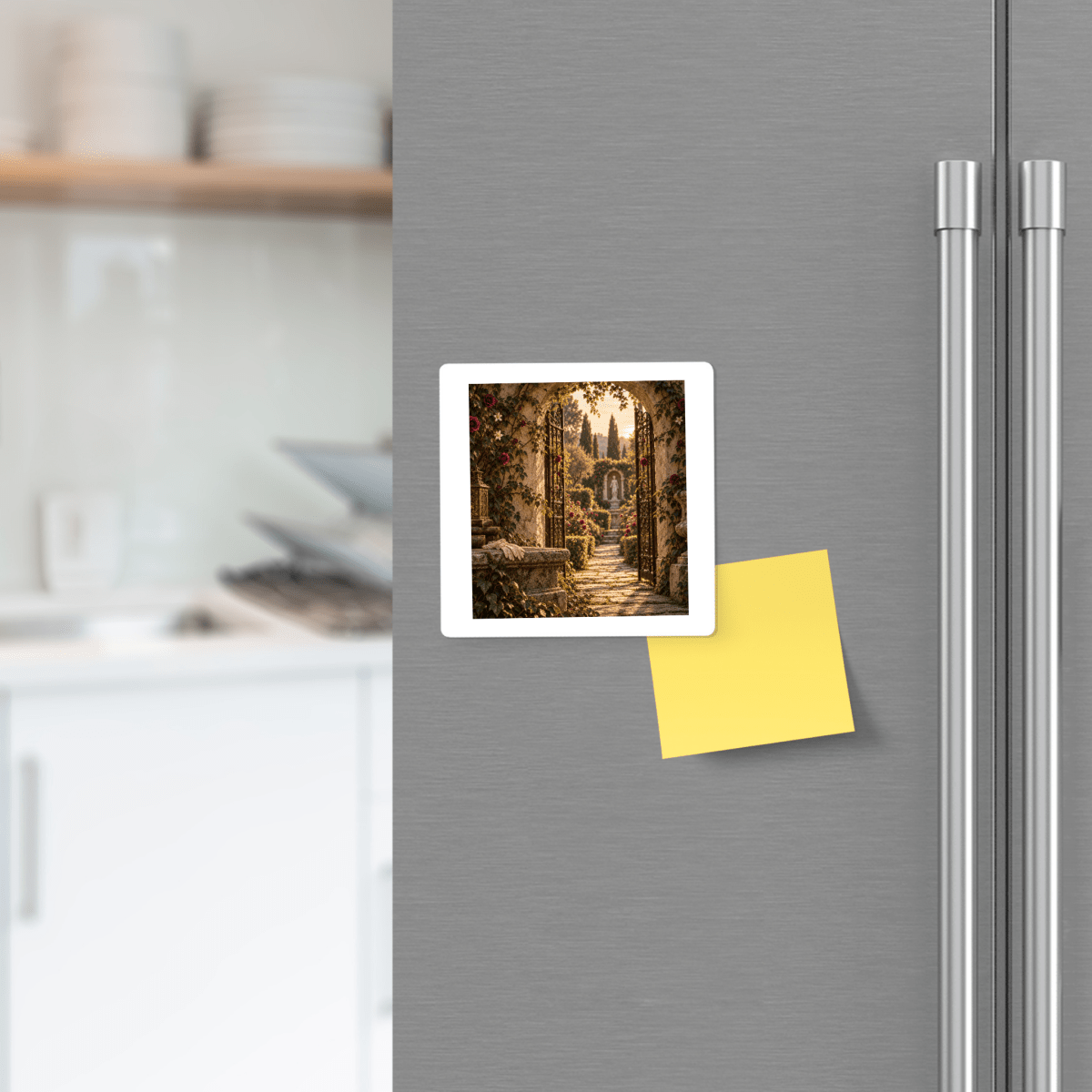 A refrigerator door featuring the “Behind the Walled Garden Magnet | Velvet Ruins” by Mirabilia Boutique displays a square photo of a scenic stone pathway, with a yellow sticky note attached and a modern kitchen visible in the background.