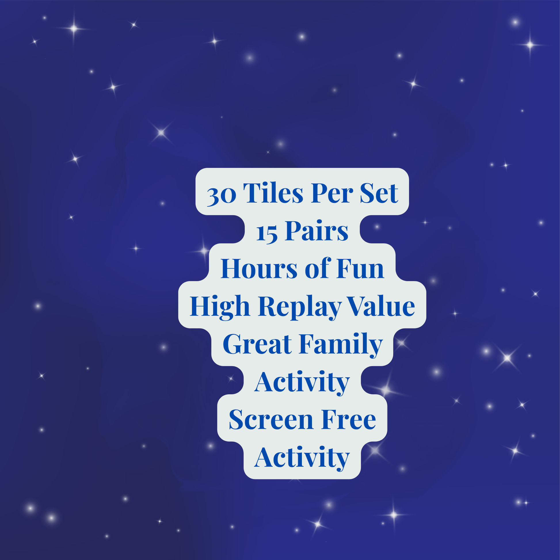 Mirabilia Boutique’s Space Match Game features 30 tiles (15 pairs) on a dark blue starry background with white text—hours of fun, high replay value, and a great family, screen-free activity!.