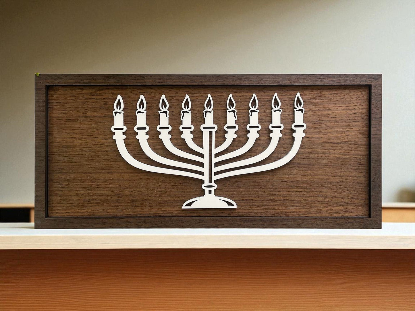The 18x8 Modern Menorah Sign by Mirabilia Boutique features a minimalist, laser-cut nine-branched menorah with lit candles—perfect Hanukkah decor for shelves or mantels.