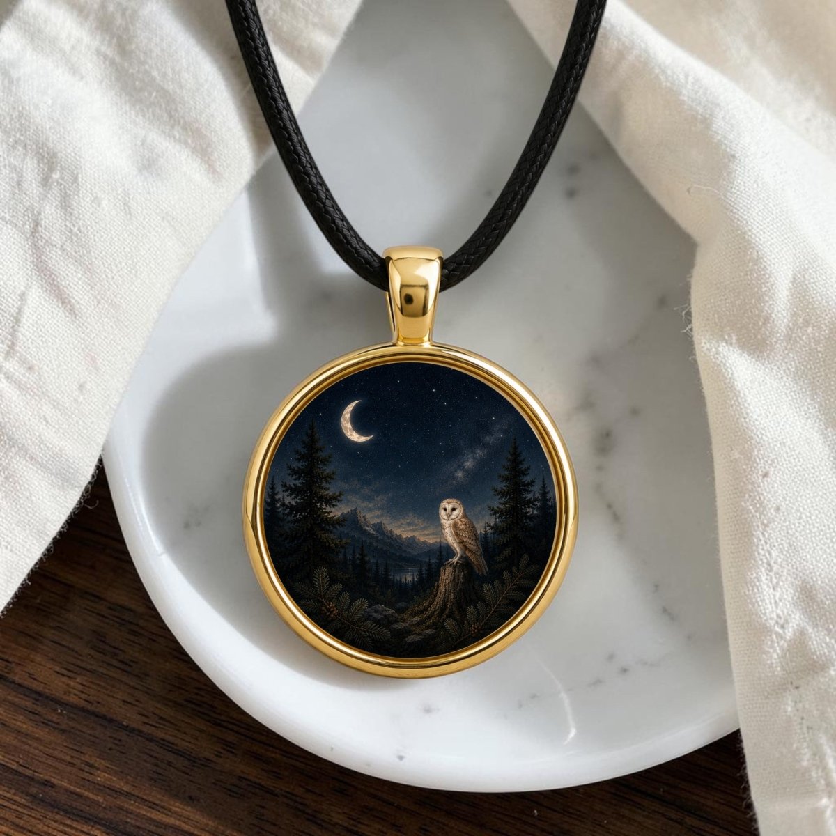 Moonlit Watch Story Pendant Necklace | Owl Moon Jewelry by Mirabilia Boutique—a gold barn owl pendant featuring an intricately painted owl perched on a branch beneath a crescent moon and starry night sky, from the Star & Solstice collection—suspended from a black cord and displayed on a marble dish with white fabric accents.