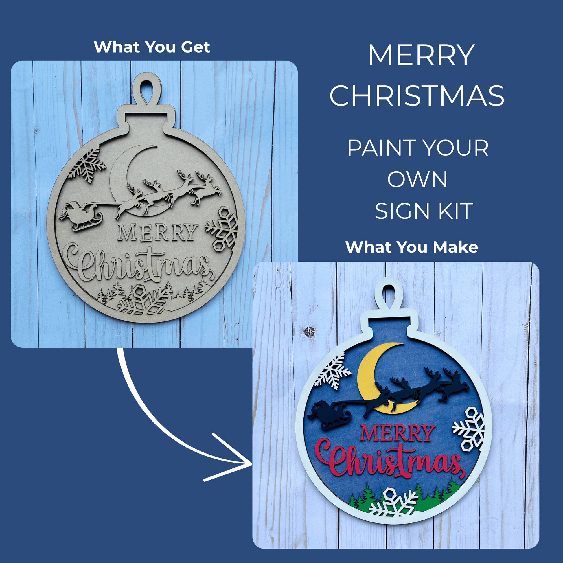 Two images of the Merry Christmas DIY Ornament Sign Kit by Mirabilia Boutique: one unpainted, the other painted with Santa, reindeer, moon, snowflakes, and “Merry Christmas” on blue wood. Includes paint-your-own instructions.