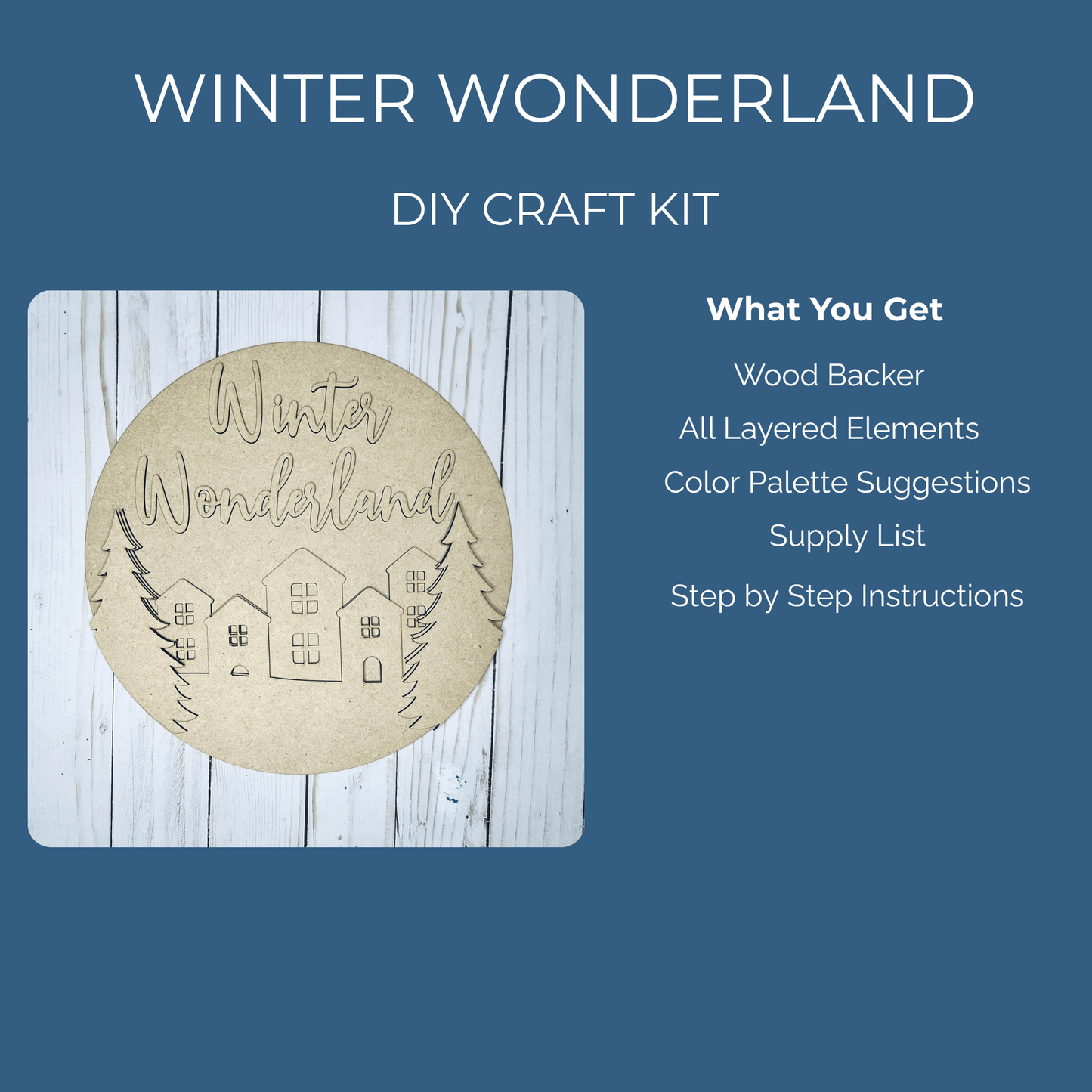Create charming holiday décor with the Winter Wonderland DIY Sign Kit by Mirabilia Boutique—paint your own festive sign featuring a wooden backer, laser-cut houses and trees, layered elements, color palette ideas, and easy instructions.