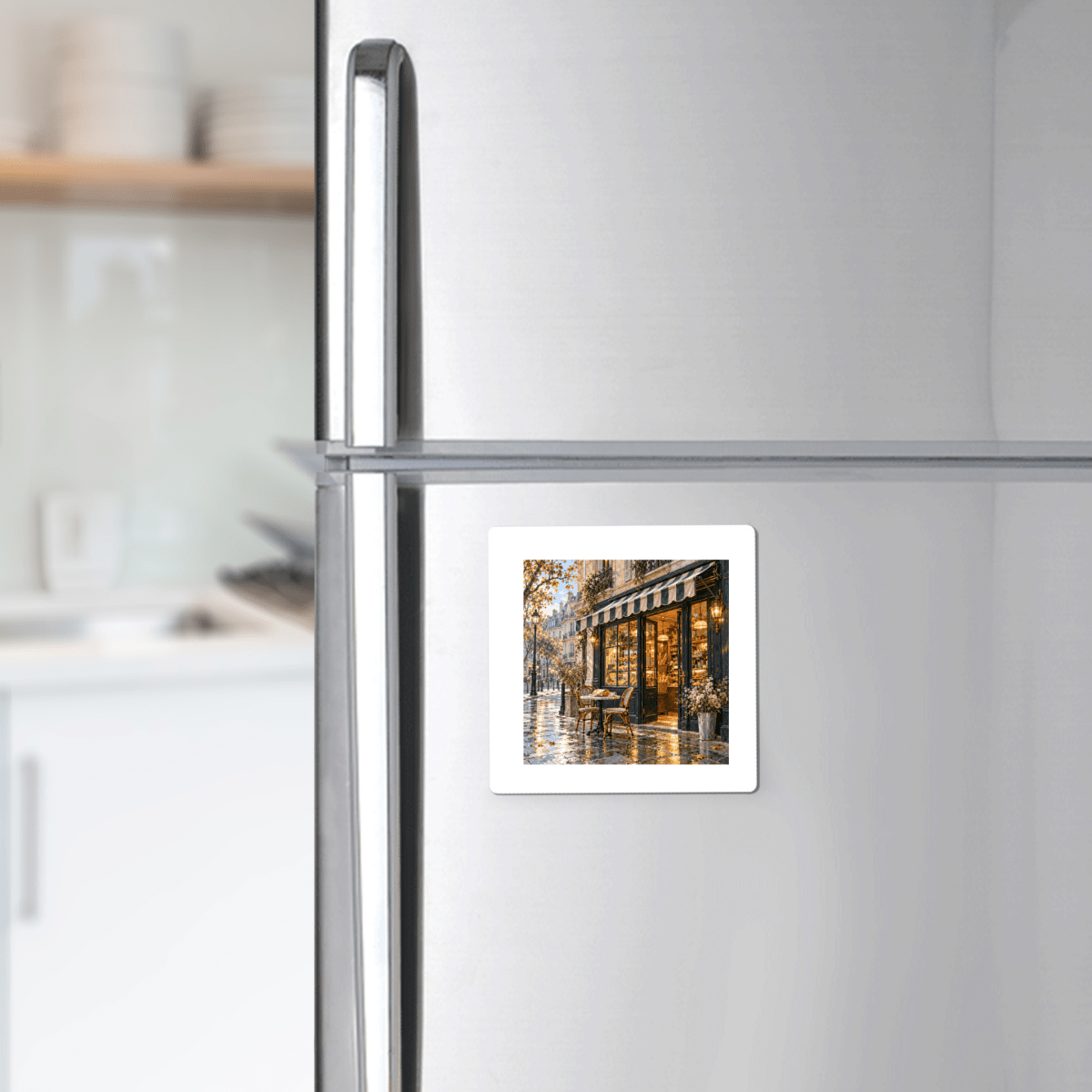 The City Before Nine Magnet is a square decorative hardboard magnet depicting a painting of a Paris café at dawn.