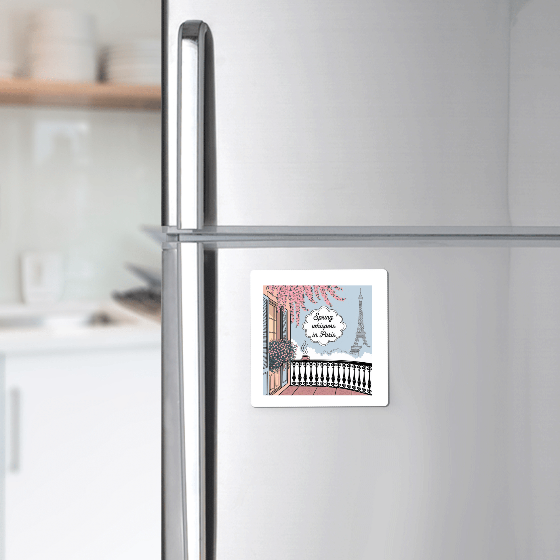 The Spring Whispers in Paris Magnet – Eiffel Tower View by Mirabilia Boutique features an illustrated Parisian balcony and the Eiffel Tower, with "Living in Paris" over a serene spring morning scene, perfect for your stainless steel refrigerator.