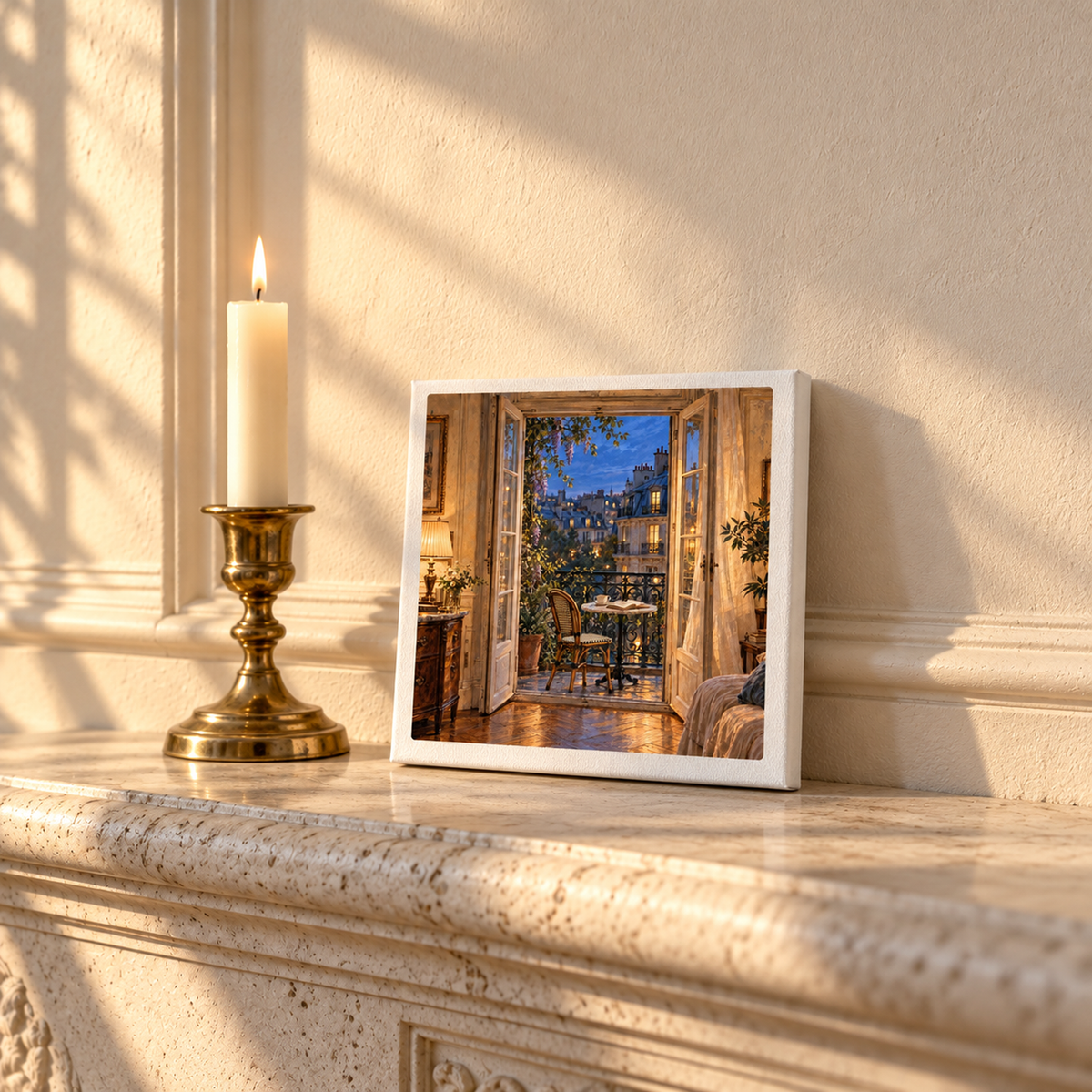A square, gallery-wrapped Blue Hour on the Balcony Canvas | Paris Toujours print of a Paris balcony view at twilight, displayed on a fireplace mantel next to a lit candle.