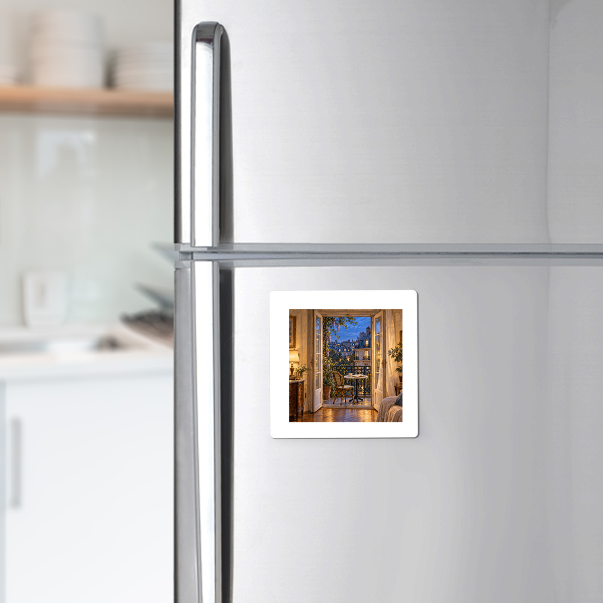 A square Blue Hour on the Balcony Magnet | Paris Toujours hardboard magnet on a stainless steel refrigerator door, depicting an open balcony door overlooking an evening city illustration of Paris at dusk.
