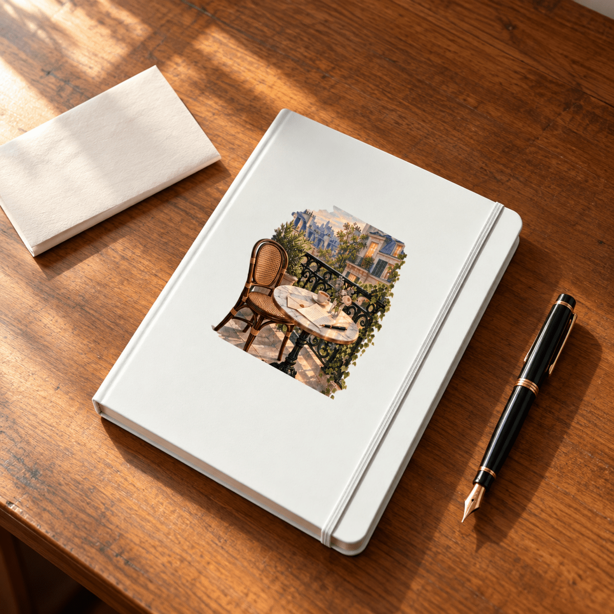 White Letters from Paris A5 Journal | Paris Toujours by Mirabilia Boutique featuring an illustration of a Parisian balcony café scene, resting on a wooden desk next to a fountain pen and a notepad.
