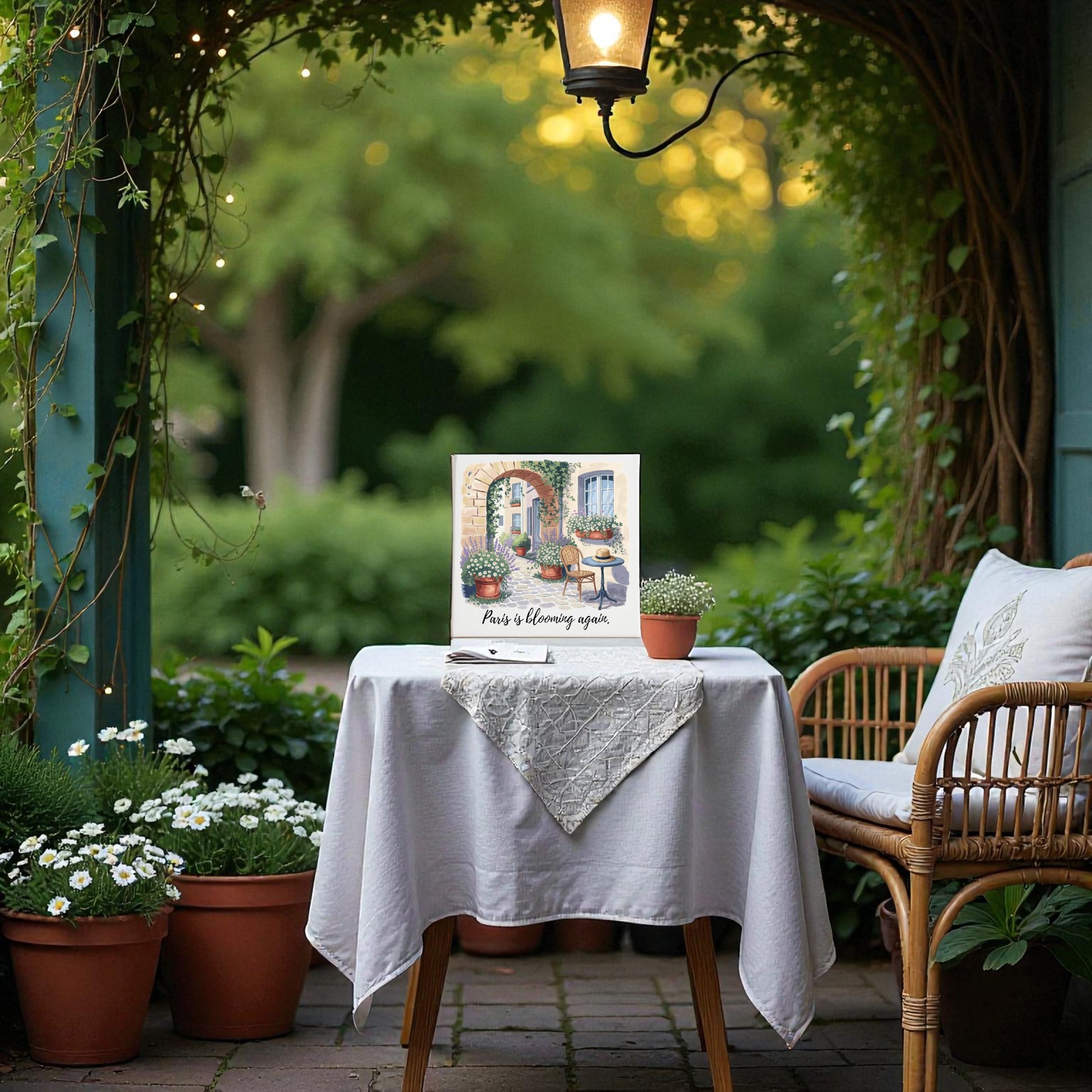 A cozy patio features a wicker chair with a pillow, small table, potted plants, and the Paris Is Blooming Again Canvas Wall Art by Mirabilia Boutique. Twinkling lights and greenery create a warm French springtime ambiance.