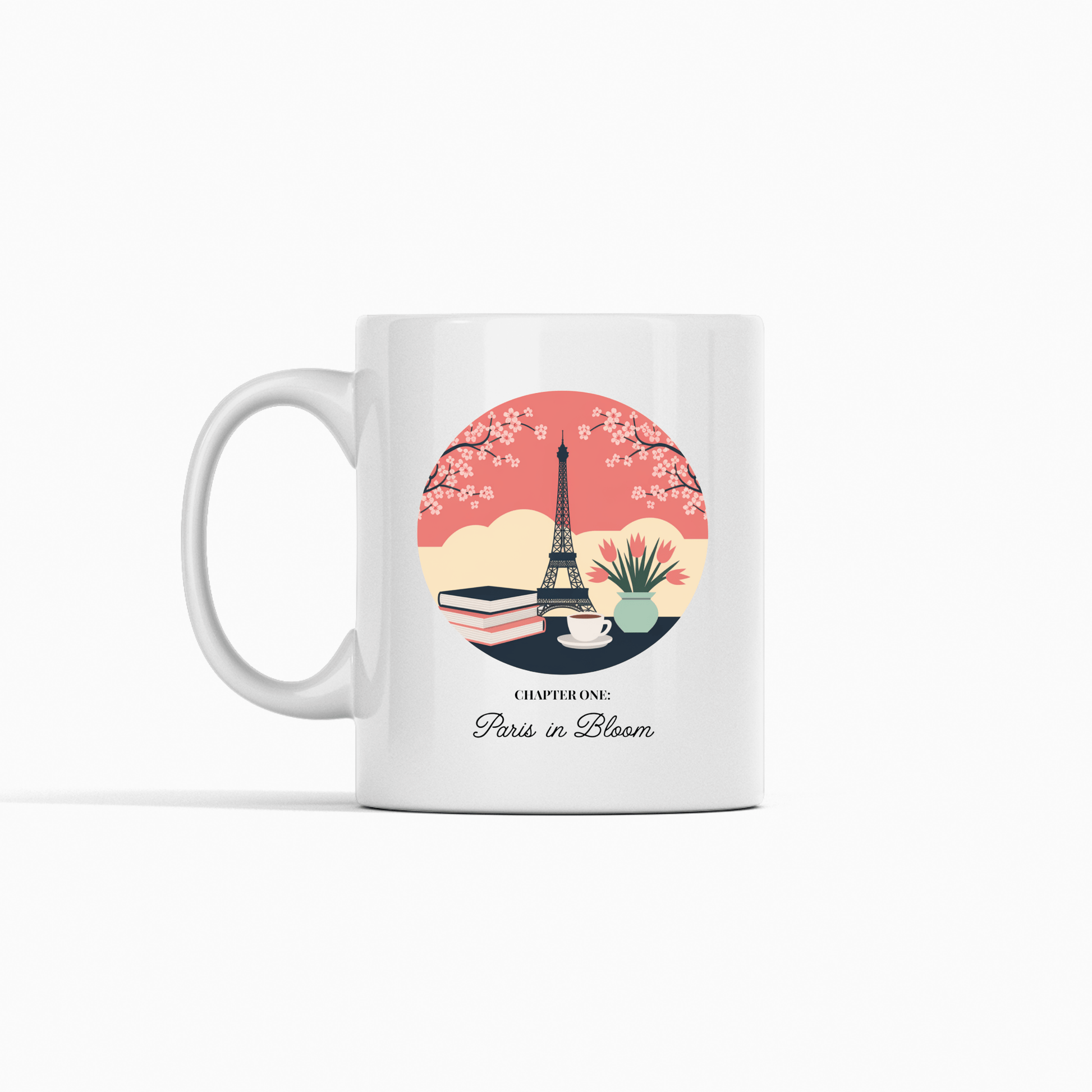 The Paris Book Lover Mug – Chapter One: Paris in Bloom by Mirabilia Boutique features the Eiffel Tower, cherry blossoms, books, and coffee—an ideal cherry blossom mug and book lover gift.